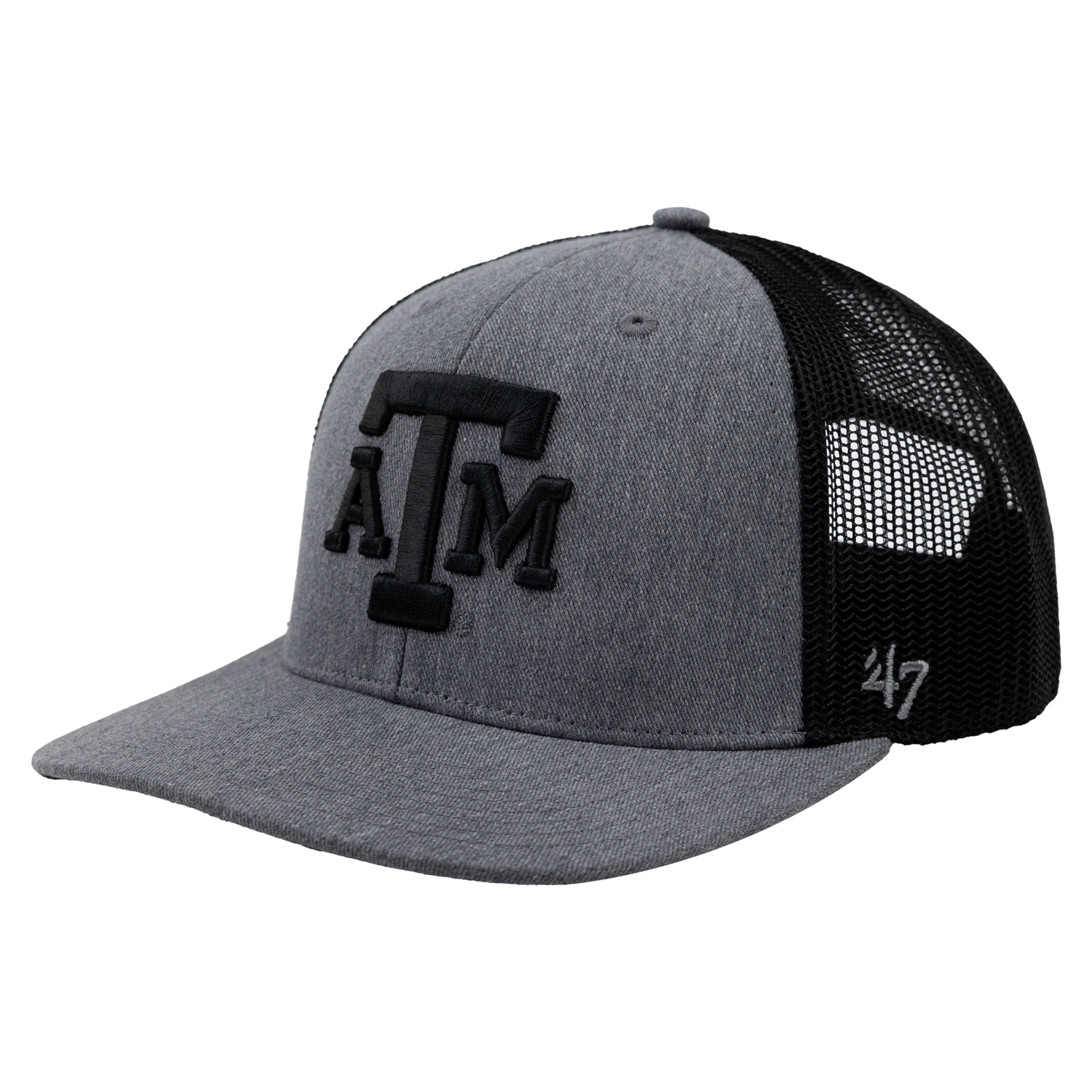 a grey trucker hat. the mesh and a&m  logo printed on the from is black