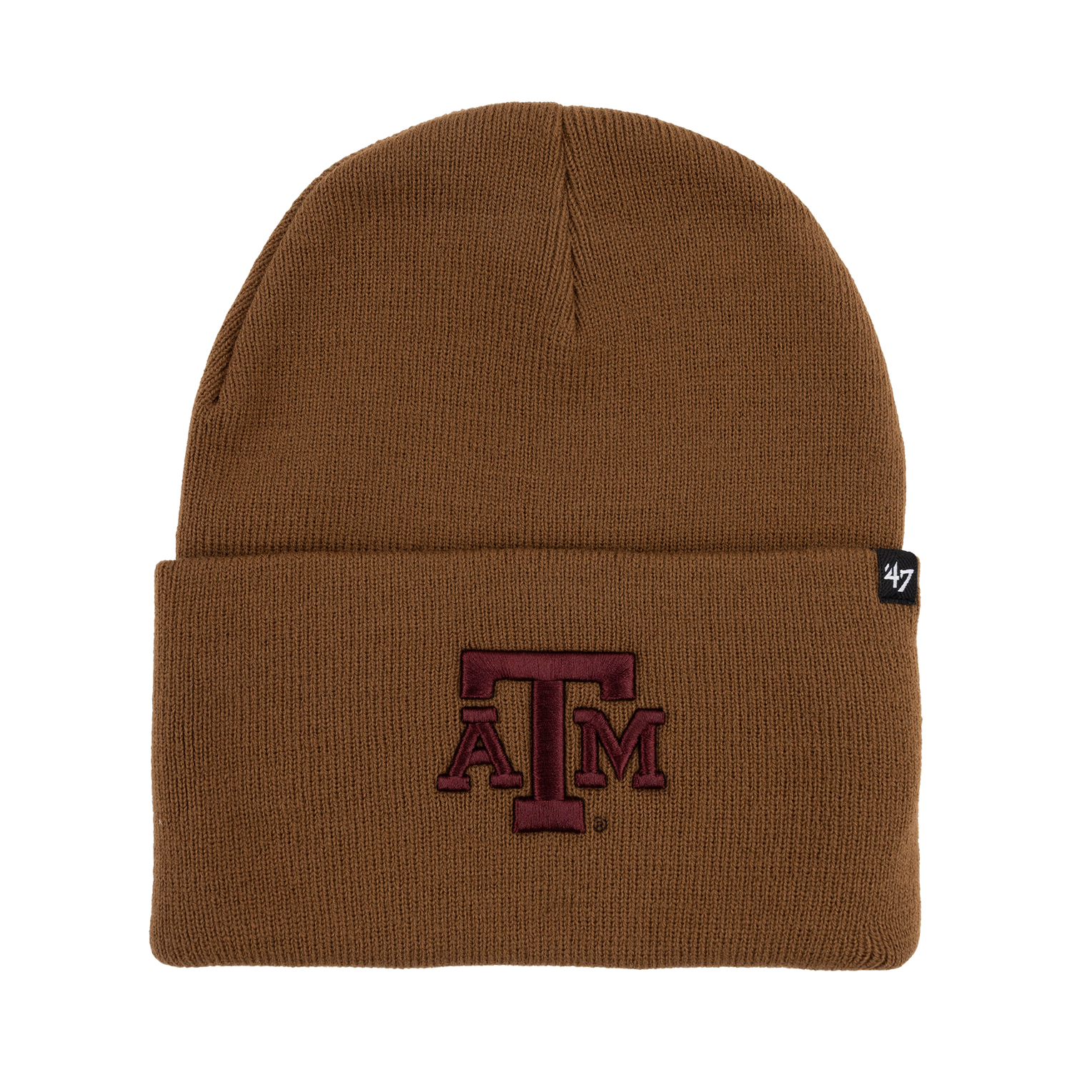 Brown '47 Brand Texas A&M Aggies knit beanie featuring a maroon embroidered ATM logo and folded cuff.