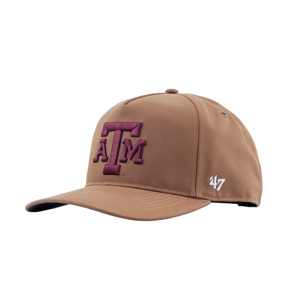 A tan baseball cap with a dark maroon embroidered 'A&M' logo on the front and a white '47' brand logo on the side, shown against a plain white background.