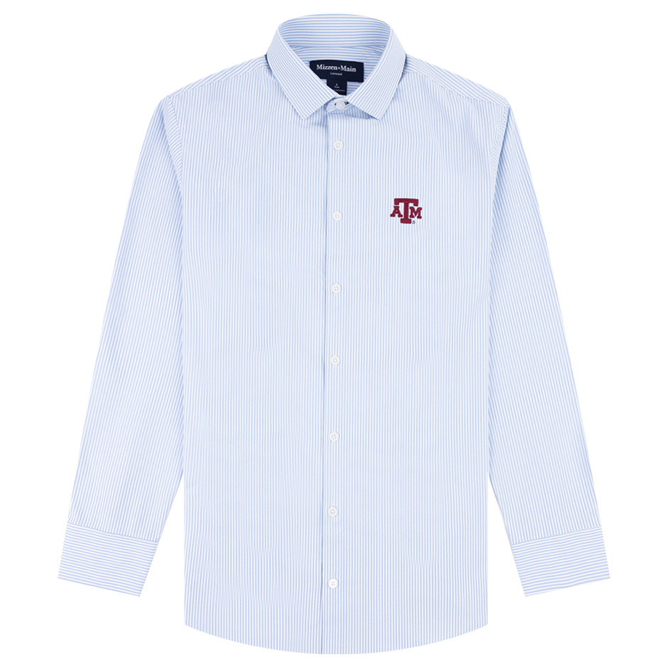 Light blue button down long sleeve with the Texas A&M logo embroidered on the upper left chest.