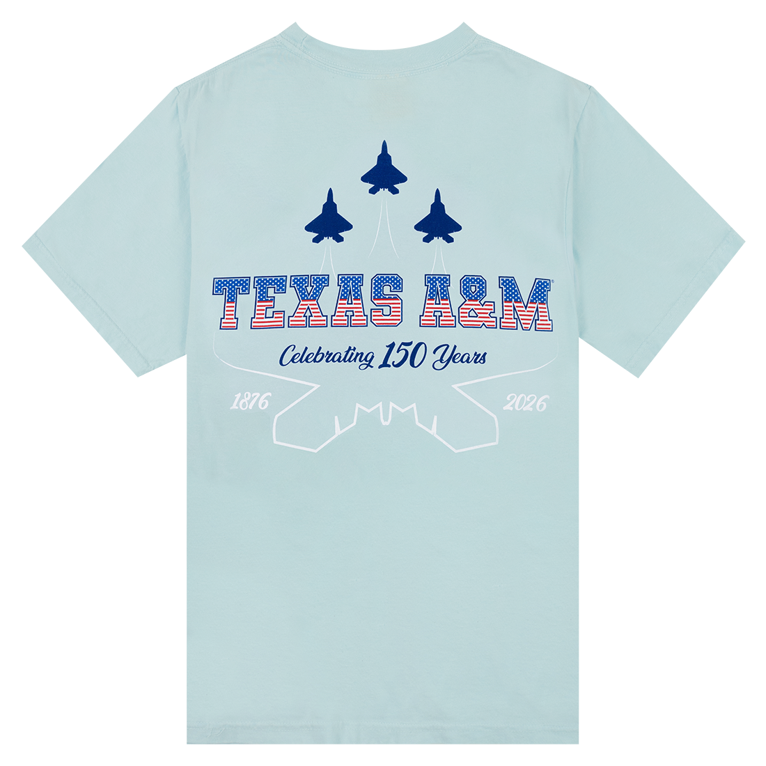 Light blue t-shirt with Texas A&M logo and airplane design