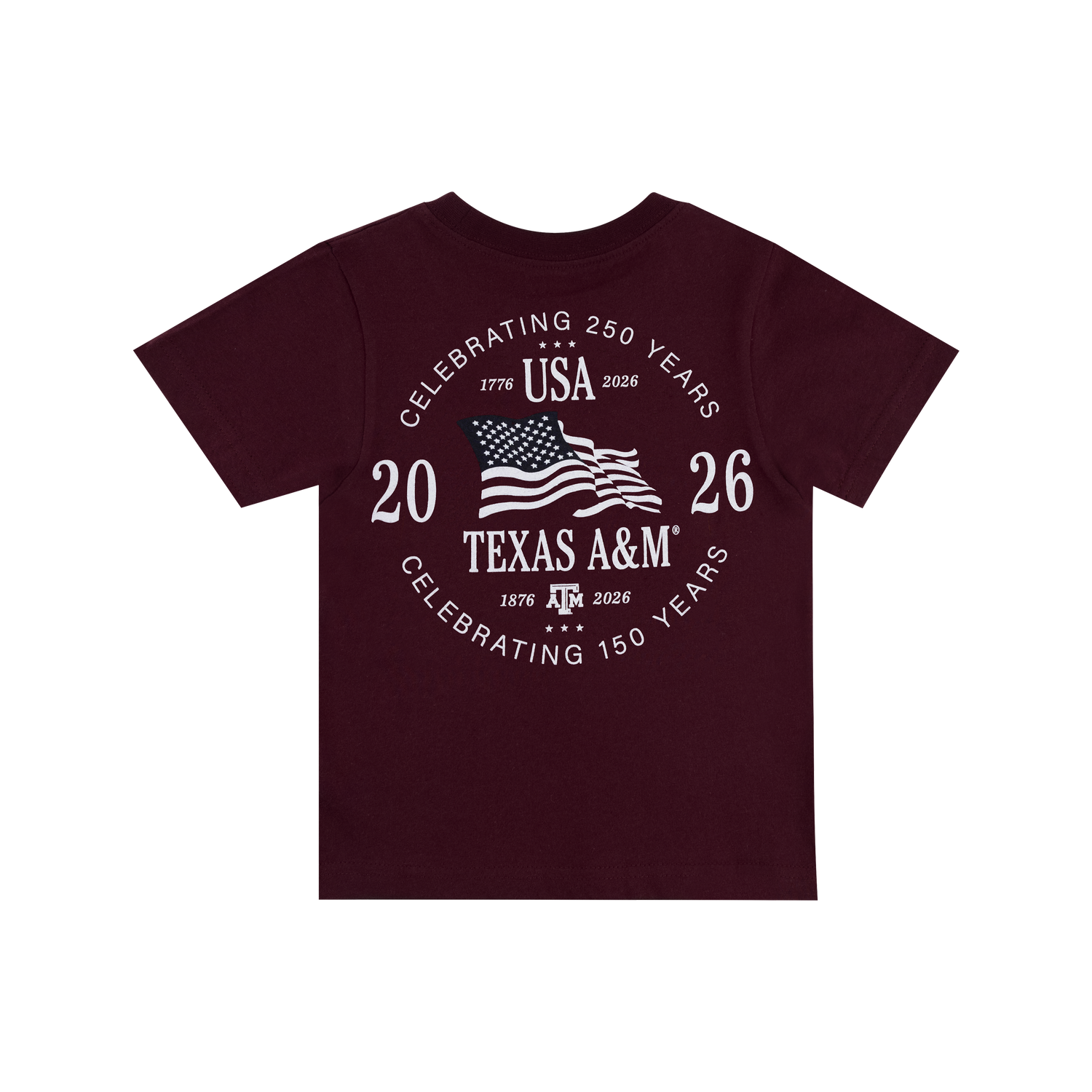 Maroon Texas A&M T-shirt featuring a white graphic of the American flag, celebrating 250 years of the USA and 150 years of Texas A&M in 2026.