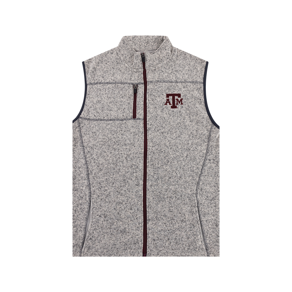 Gray fleece vest with maroon ATM logo on the left side of the chest.