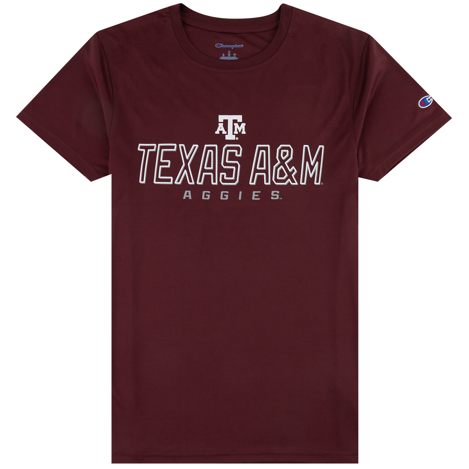 A maroon short-sleeve t-shirt featuring the Texas A&M Aggies logo printed in white and gray on the chest, with a small Champion logo on the left sleeve.