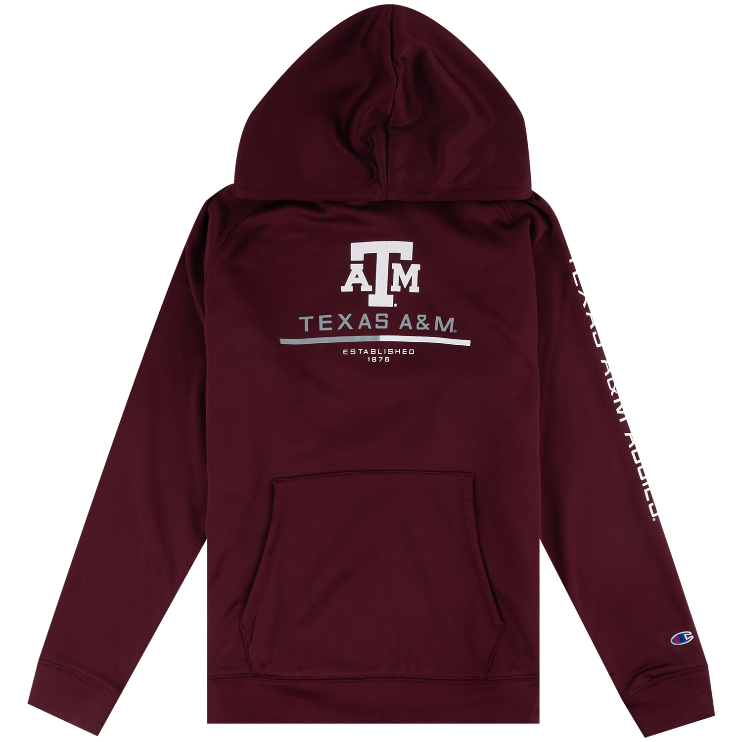 A maroon hooded sweatshirt shown from the back, featuring a large white Texas A&M logo and text on the back, white vertical text down one sleeve, and a small Champion logo near the cuff.