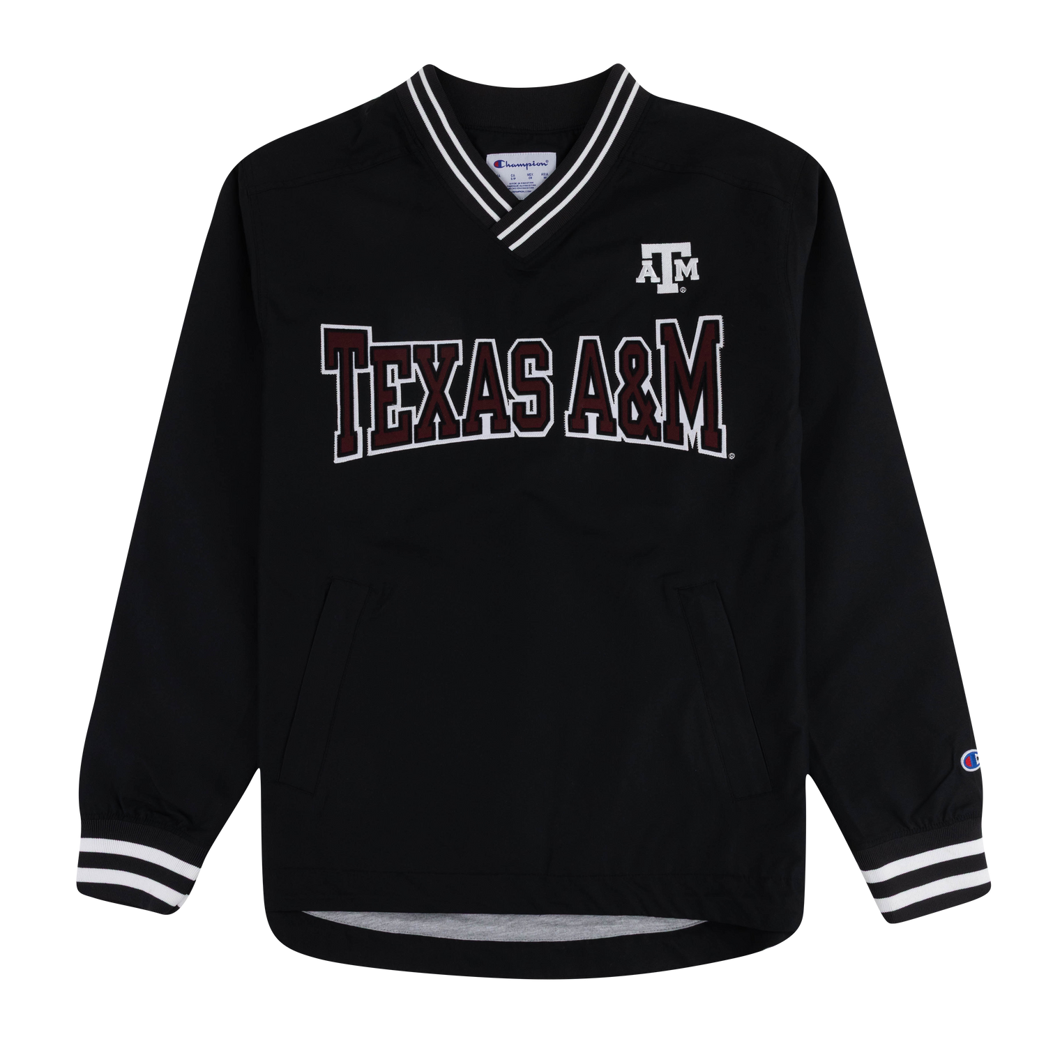 A black long-sleeve pullover jacket featuring 'TEXAS A&M' in arched varsity lettering across the chest, with a white and maroon Texas A&M 'A&M' logo on the upper right chest. The jacket has a V-neck collar with white stripes, two front kangaroo pockets, and striped cuffs and hem.