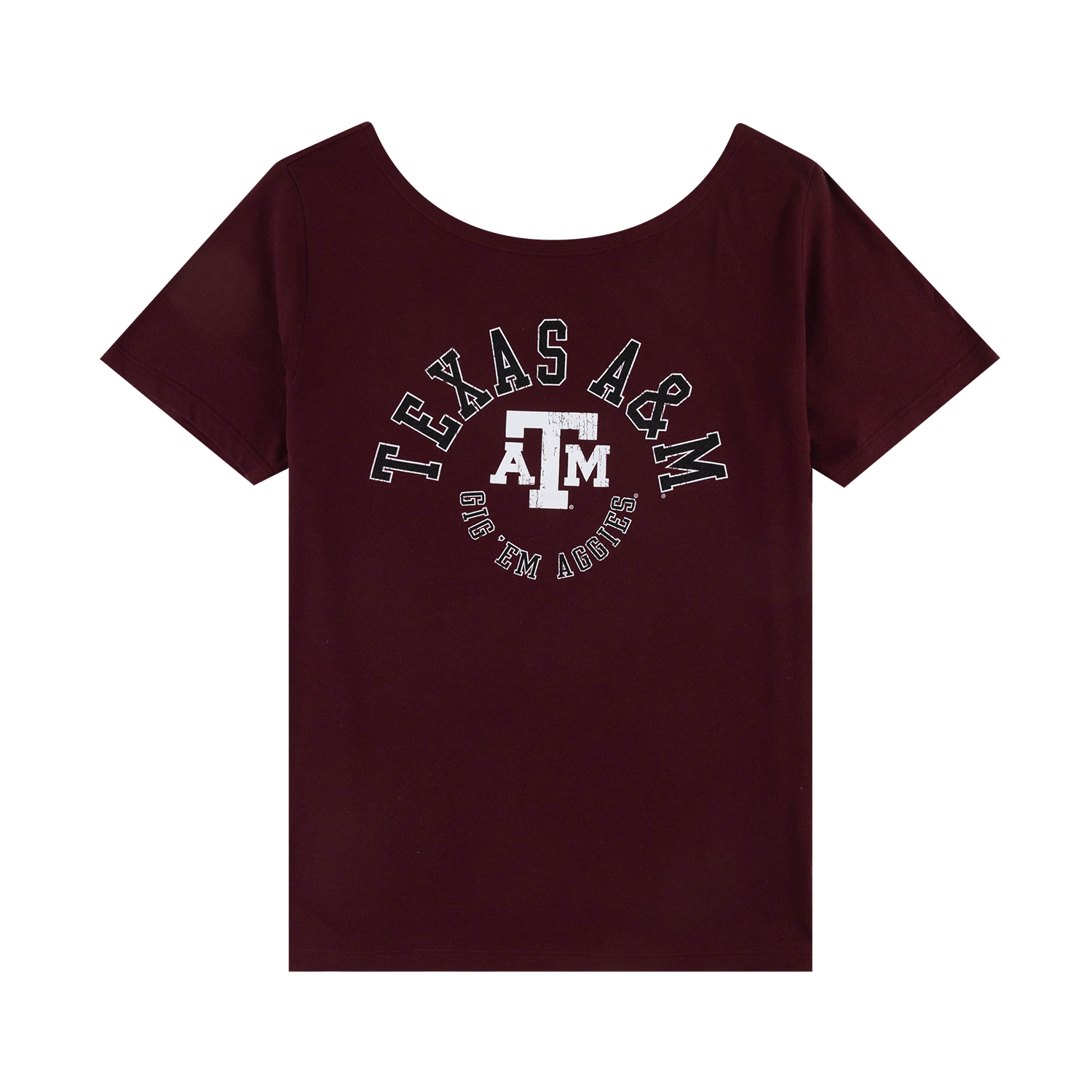 A maroon short-sleeve scoop neck t-shirt featuring a white 'Texas A&M' and 'Gig 'Em Aggies' graphic on the chest, displayed against a solid white background.