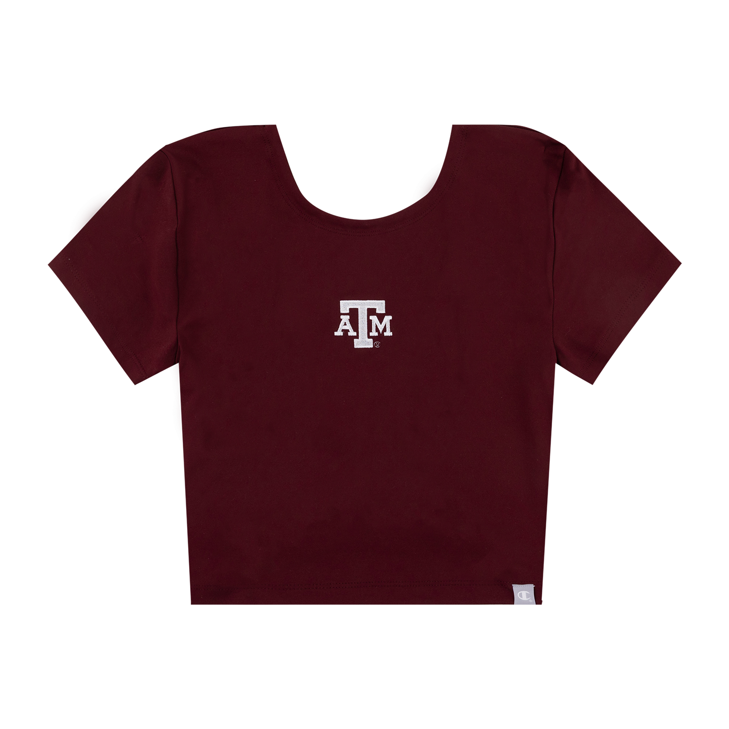 A short-sleeve scoop-neck crop top in maroon with a white 'ATM' logo printed on the center chest, displayed flat against a plain white background.