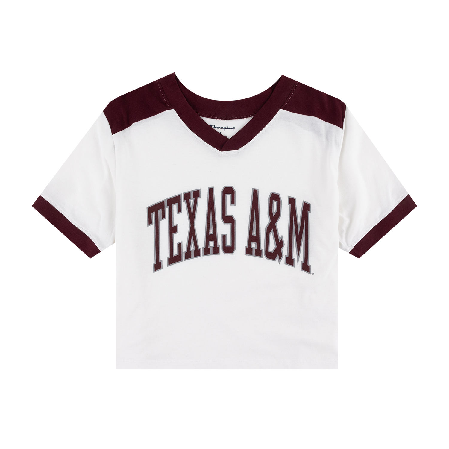 A white short-sleeve ringer T-shirt with dark maroon trim on the collar, sleeve cuffs, and shoulder yokes, featuring 'TEXAS A&M' printed across the chest in maroon collegiate lettering.