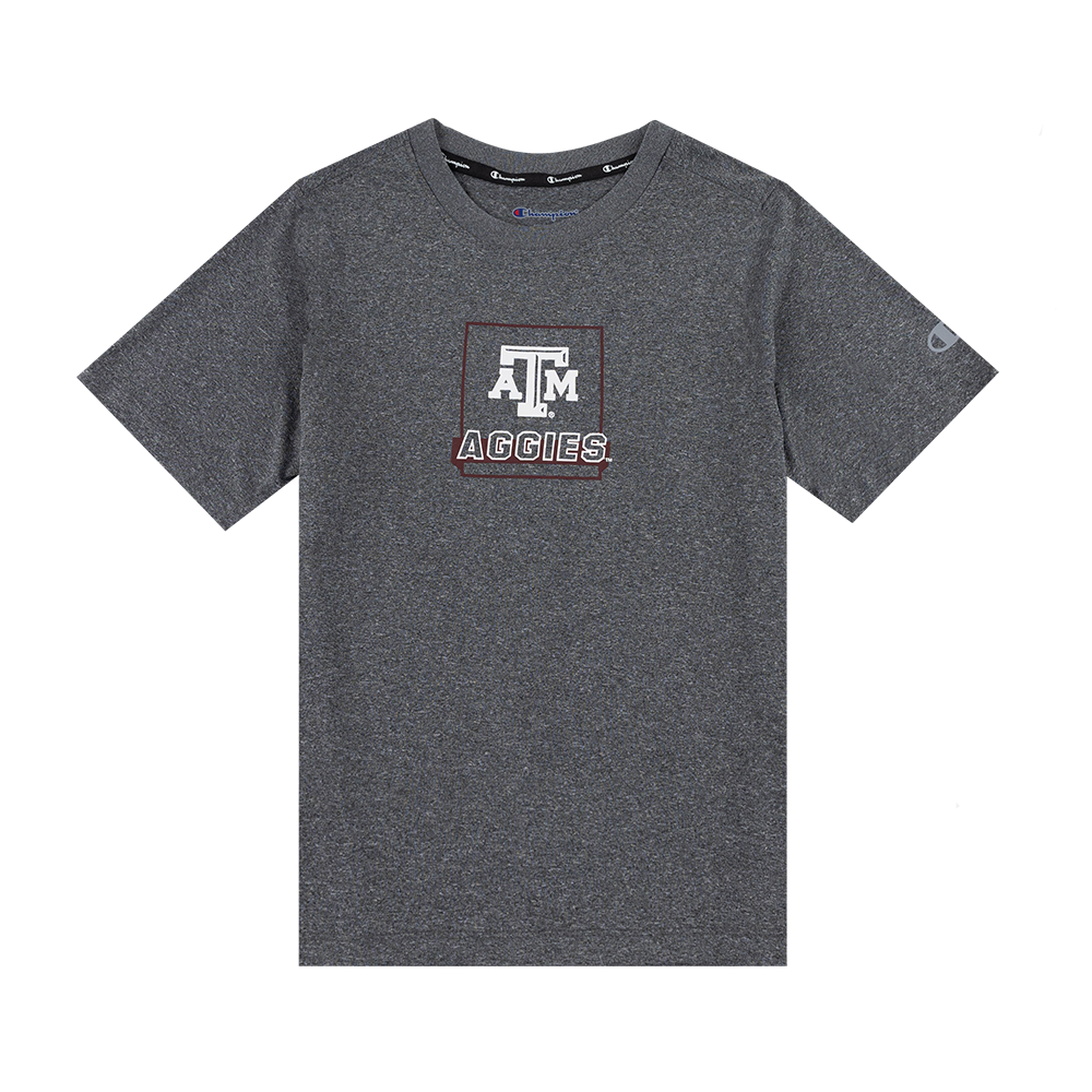 Gray t-shirt with Texas A&M Aggies logo in white and maroon.