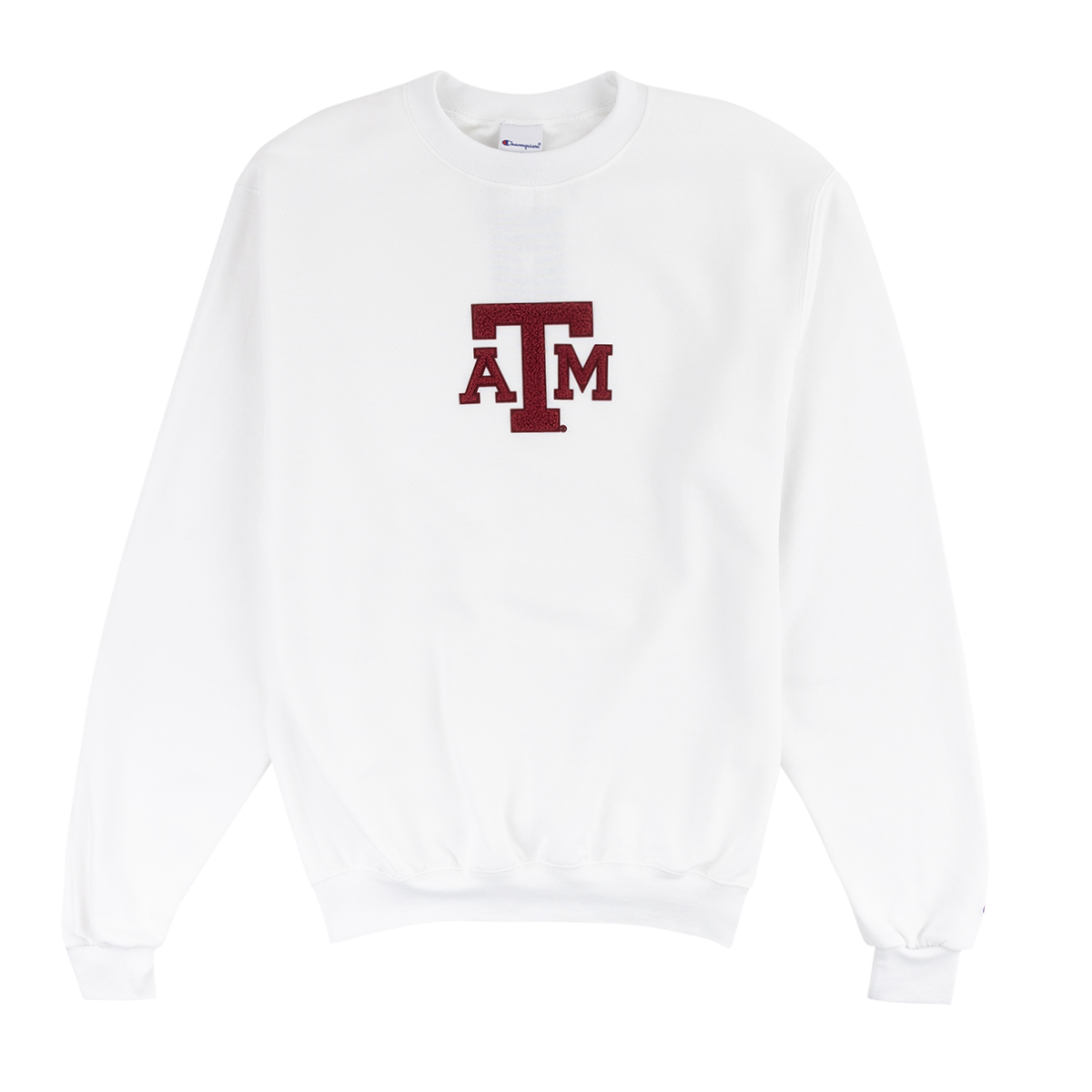White chenille sweatshirt with maroon ATM logo in the center