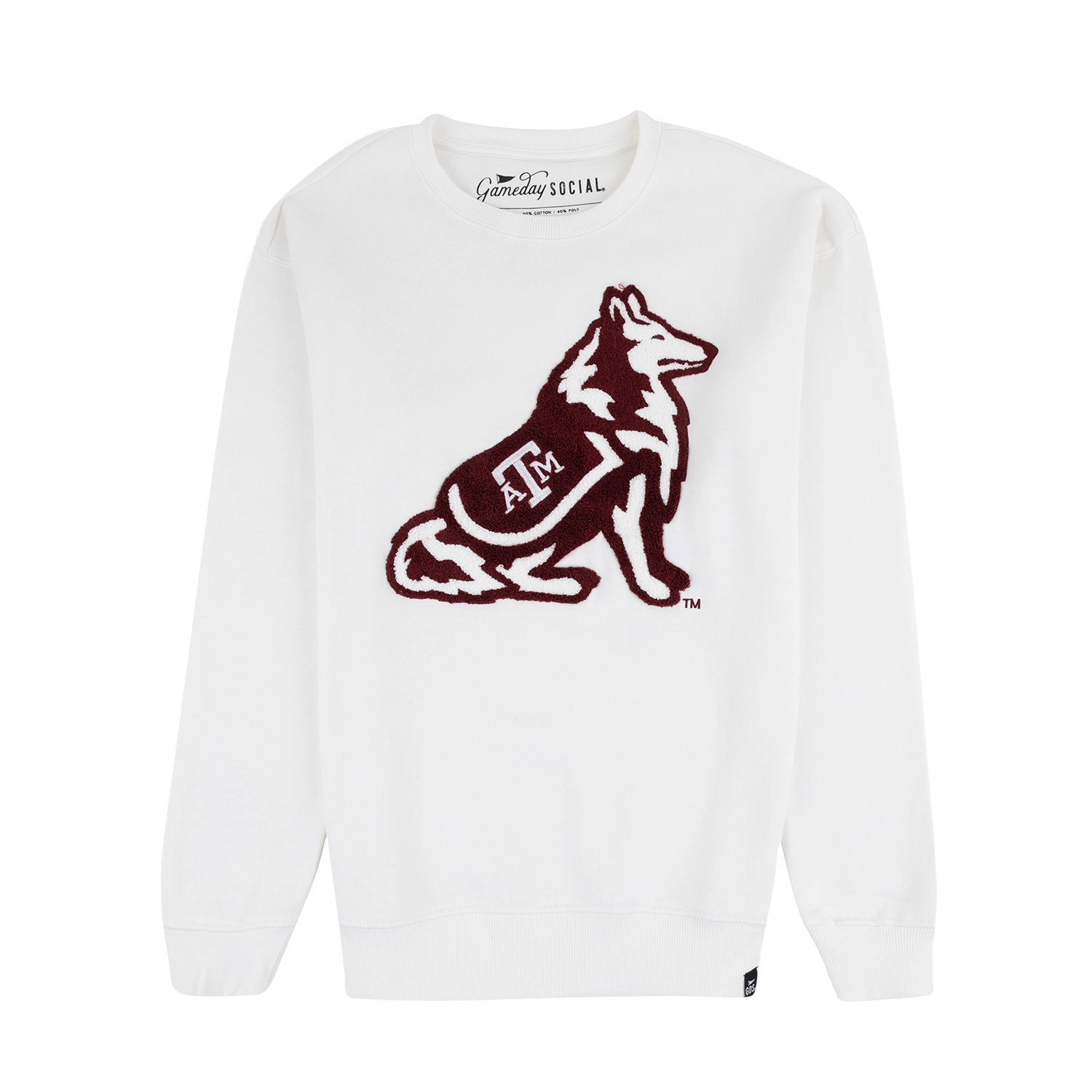 White sweatshirt with dog design and the Texas A&M logo in maroon.
