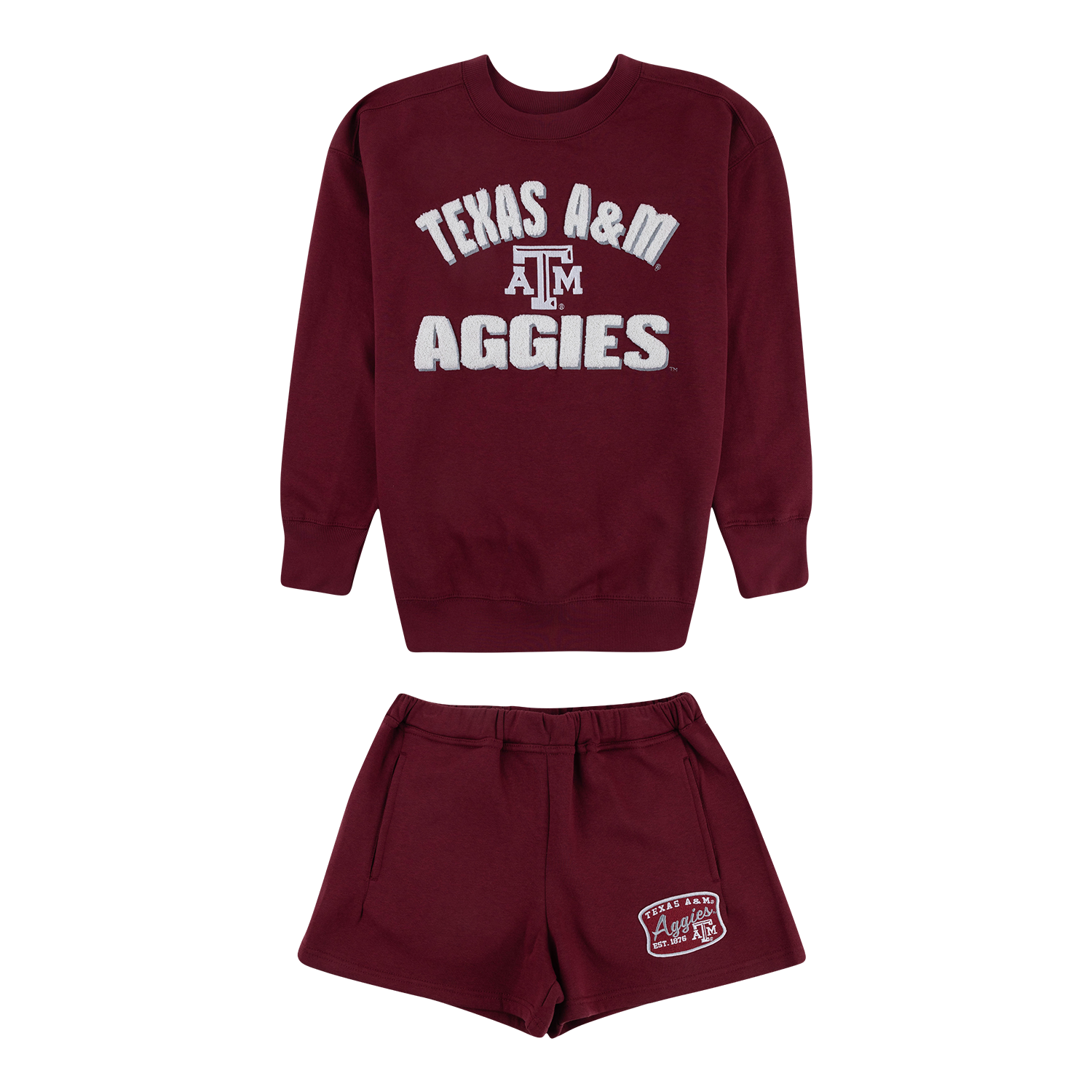 Texas A&M Aggies toddler maroon sweatshirt and shorts set featuring a white arch chenille logo graphic on the sweatshirt and an Aggies logo patch on the shorts.