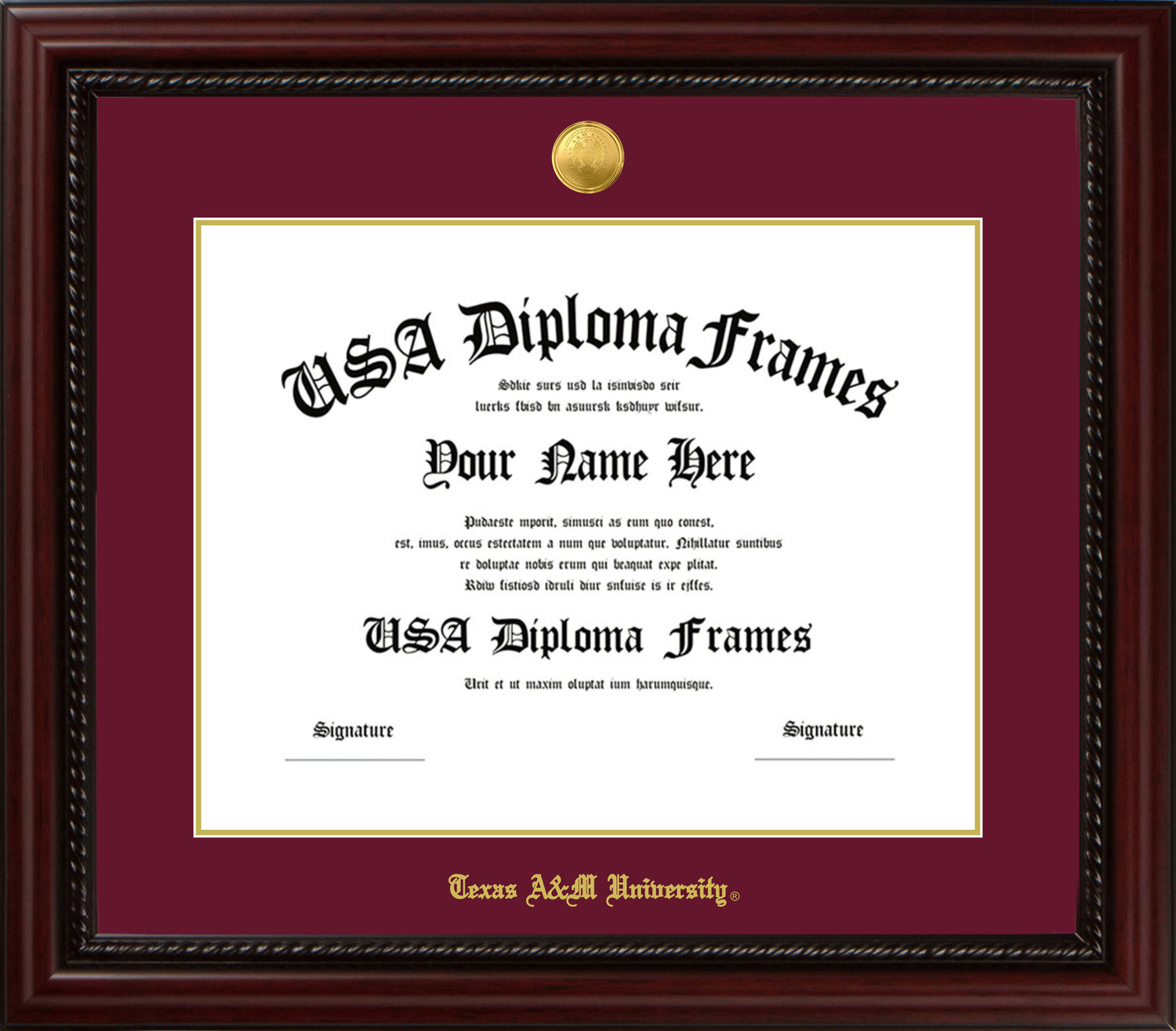 Texas A&M Cherry Rope with Maroon Suede Diploma Frame