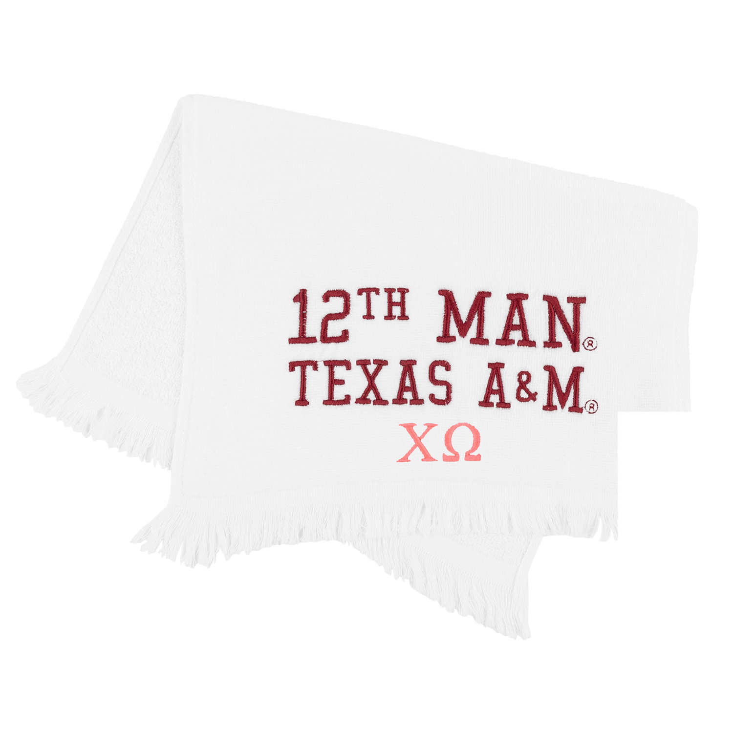 White towel with maroon 12th Man Texas A&M embroidery and pink Chi Omega Greek letter embroidery.