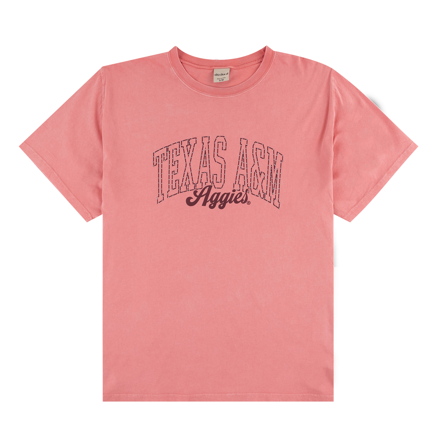 A pink short-sleeve crewneck t-shirt featuring a distressed graphic on the front that reads 'TEXAS A&M Aggies' in dark pink lettering, displayed flat against a white background.