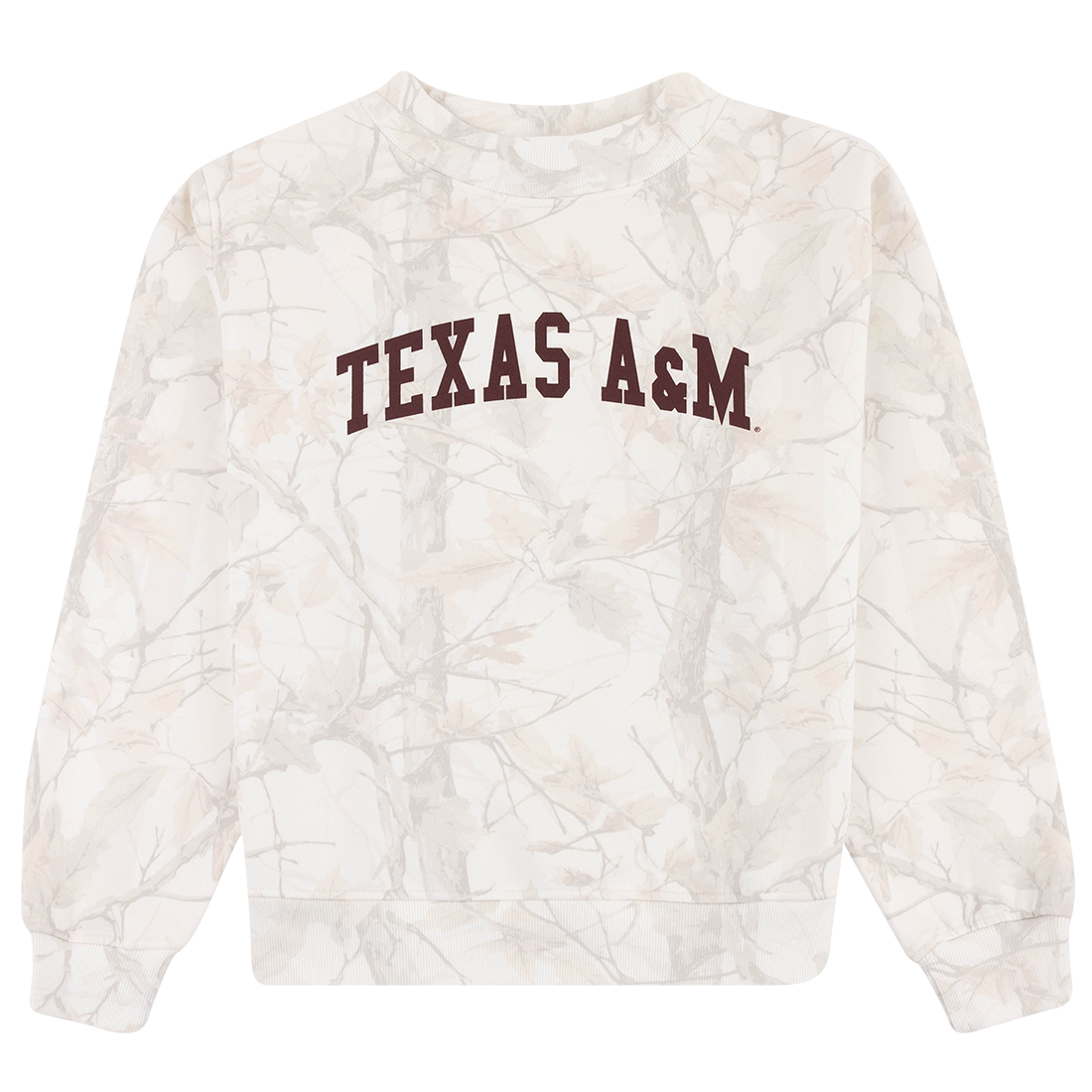 A long-sleeve crewneck sweatshirt featuring a light beige and white tree-bark camouflage pattern with 'TEXAS A&M' printed across the chest in dark maroon lettering.