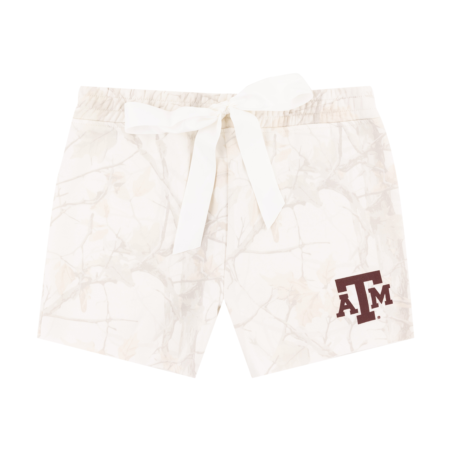 White camo sweatshorts with maroon logo