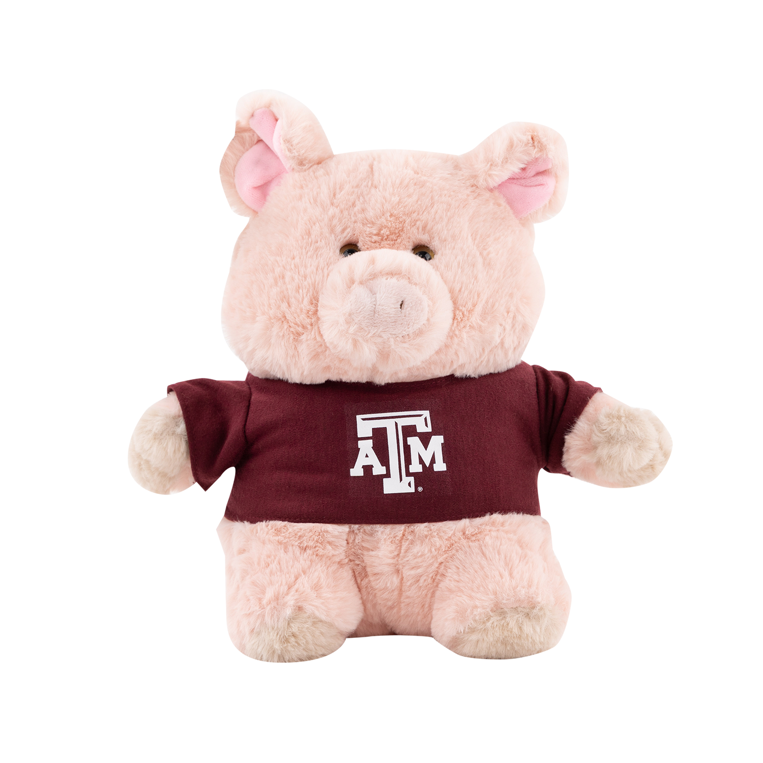 Plush pig toy wearing a maroon shirt with a logo 