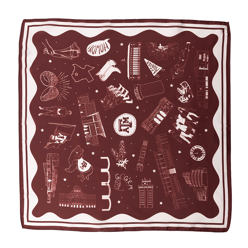 Maroon scarf with white border. White Texas A&M symbols