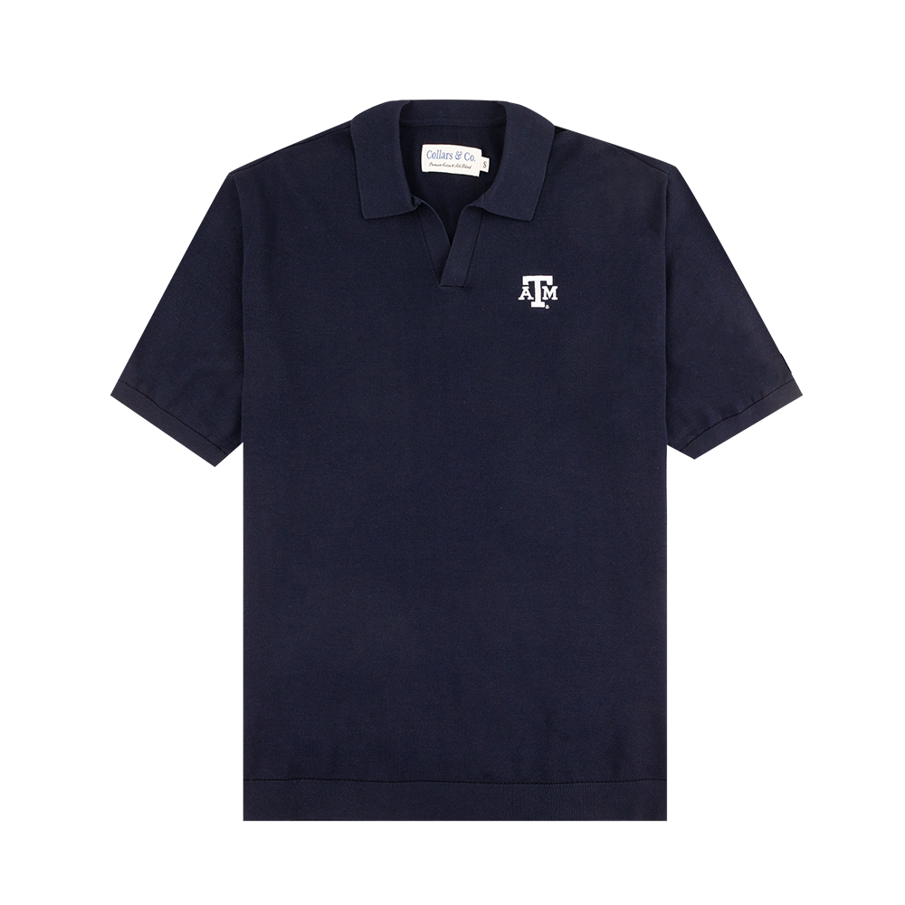 Navy polo shirt with a logo
