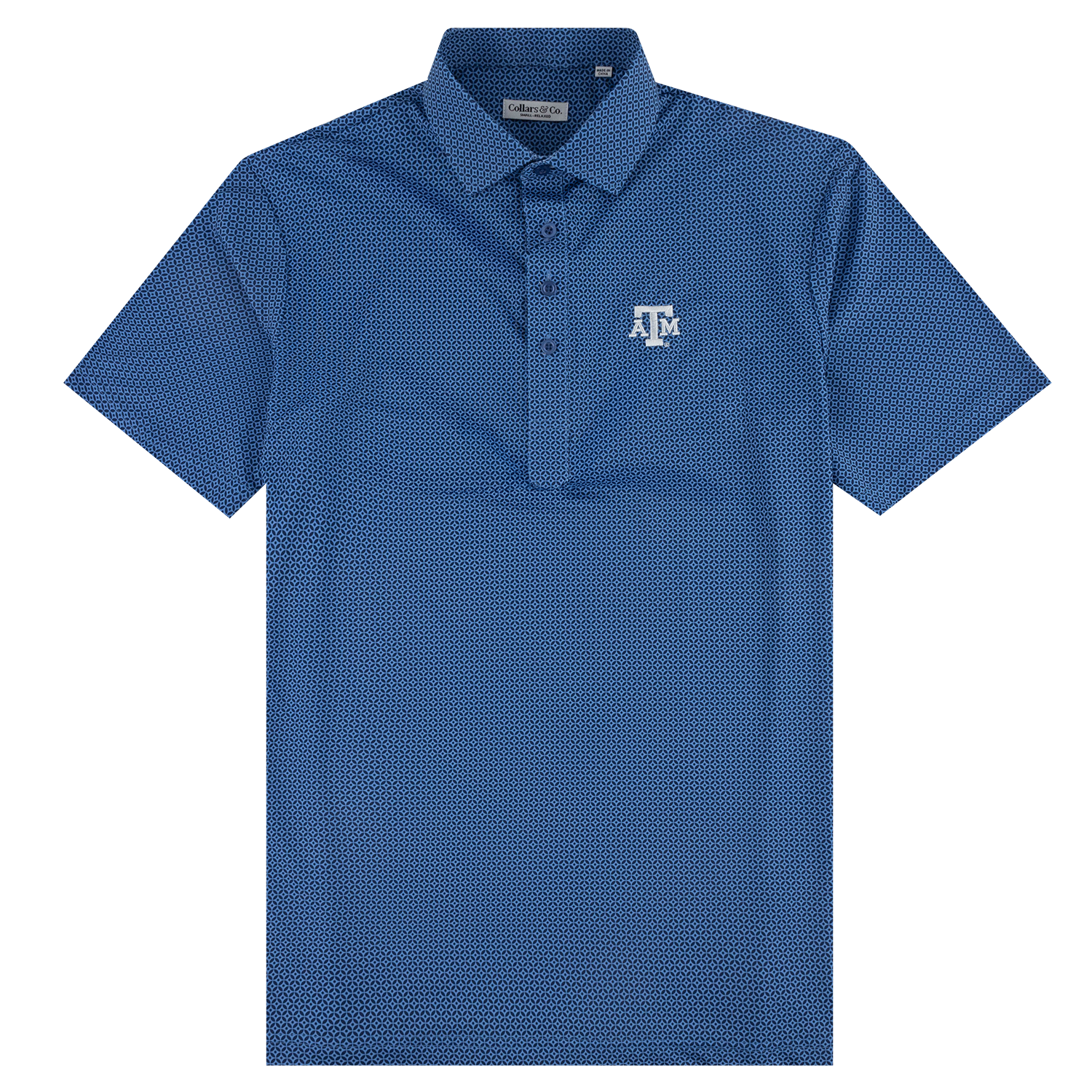 A blue short-sleeve polo shirt with a subtle micro-pattern, featuring a white embroidered 'ATM' logo on the left chest, displayed on a solid white background.