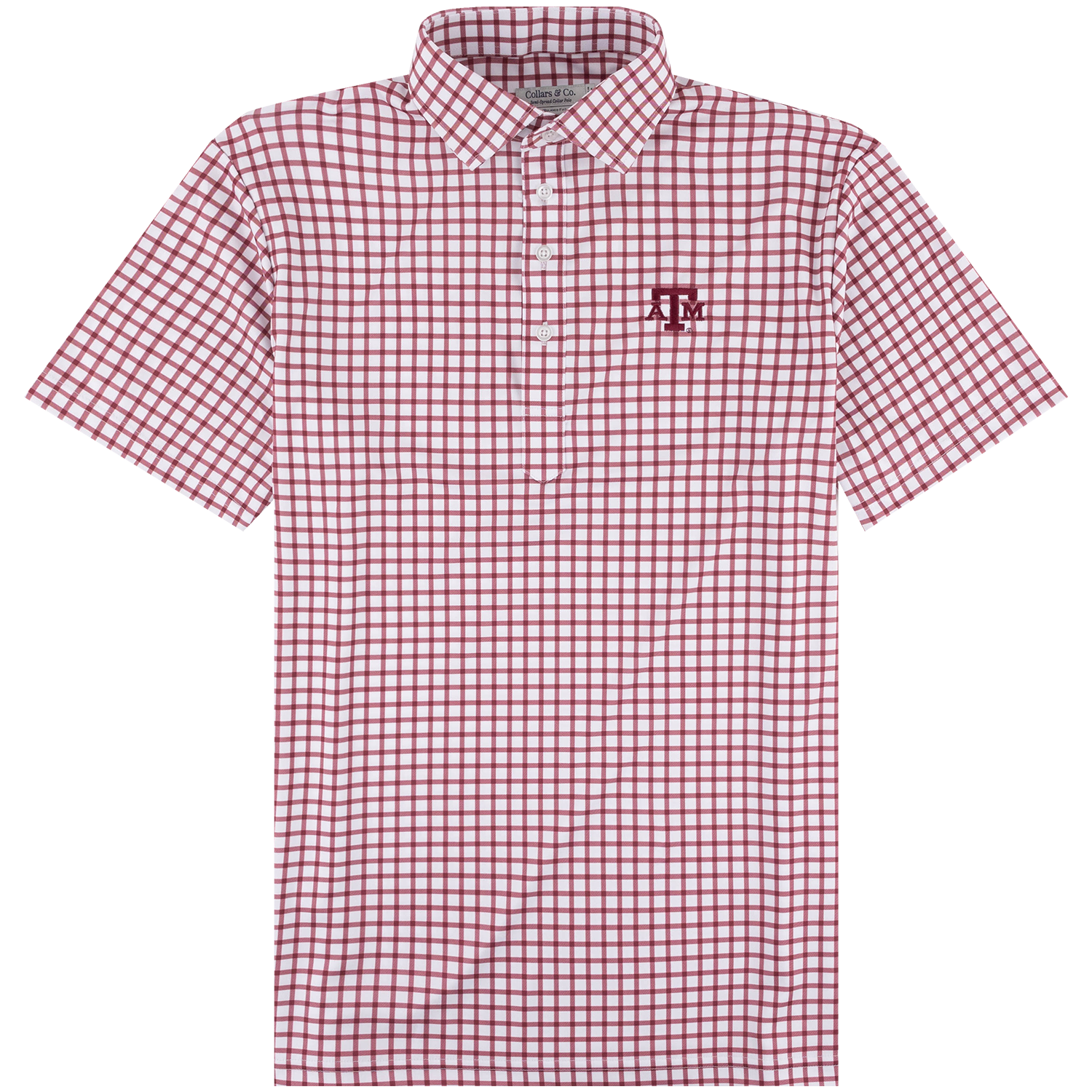 White Texas A&M short-sleeve button-down shirt featuring a maroon windowpane plaid pattern, pointed collar, and maroon ATM logo embroidered on the chest.