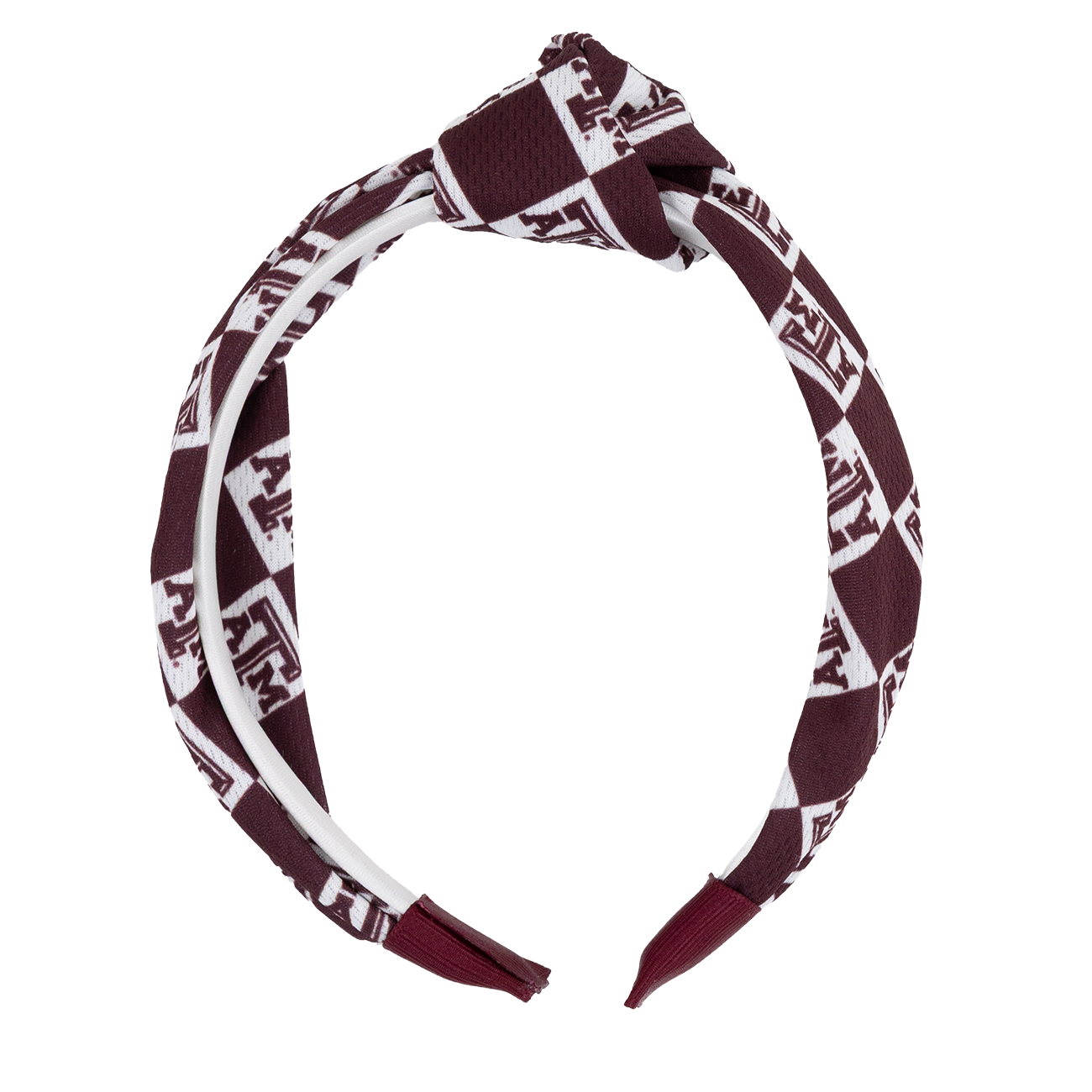 Maroon and white headband with a pattern that has the Texas A&M logo