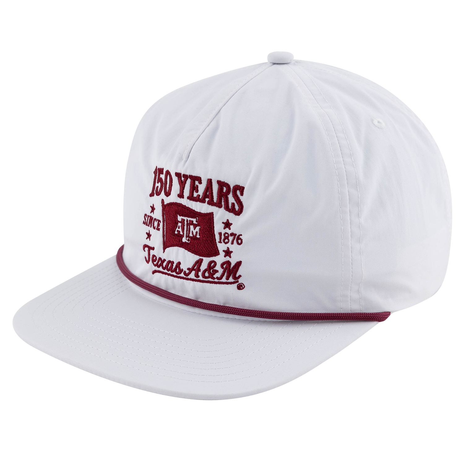 A white baseball cap with a maroon embroidered design on the front that reads '150 Years Texas A&M 1876' with the Texas A&M logo, shown on a plain white background.
