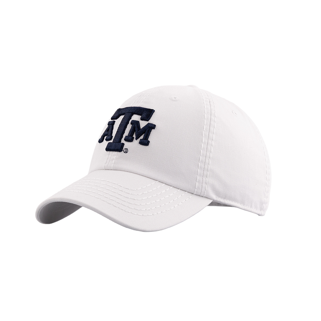 A white baseball cap featuring a dark navy blue embroidered 'A&M' logo on the front, set against a solid white background.