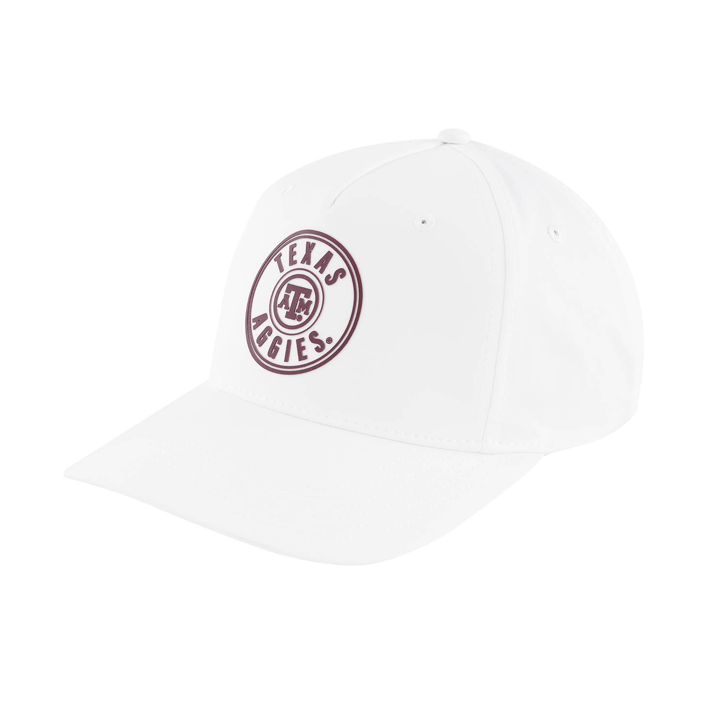 White hat with circle patch that reads Texas Aggies in maroon