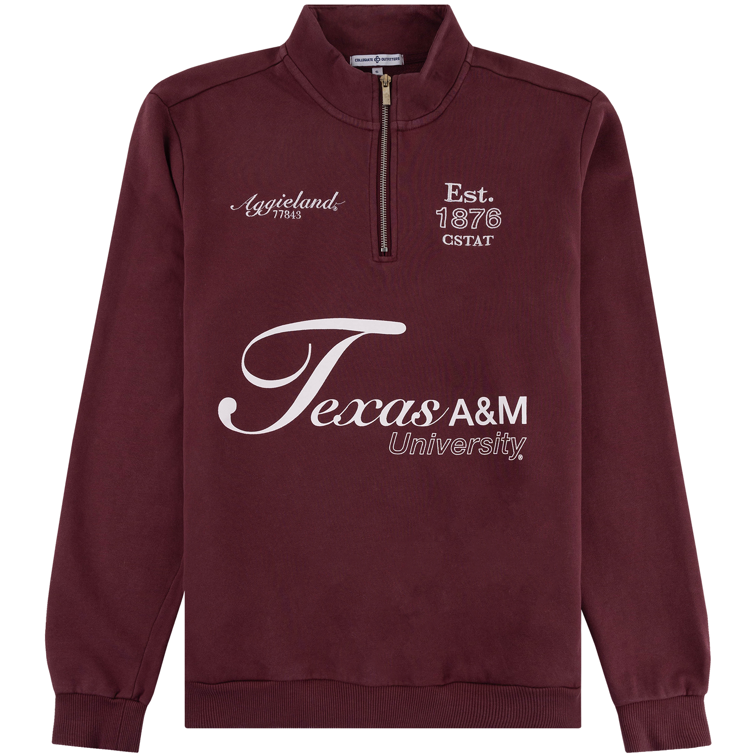Maroon Texas A&M quarter-zip sweatshirt featuring white Aggieland 77843 and Est. 1876 CSTAT embroidery, with a large Texas A&M University graphic across the front.