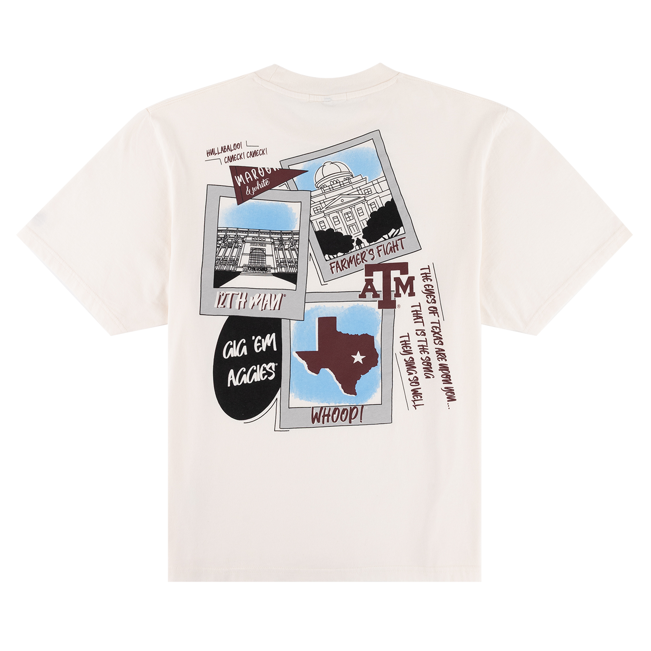 Cream back of t-shirt with polaroids of Texas A&M University