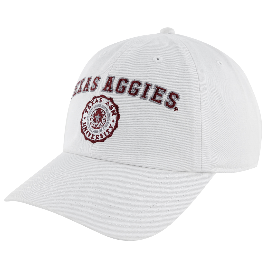 White hat with TEXAS A&M AGGIES in maroon and gray with Texas A&M seal
