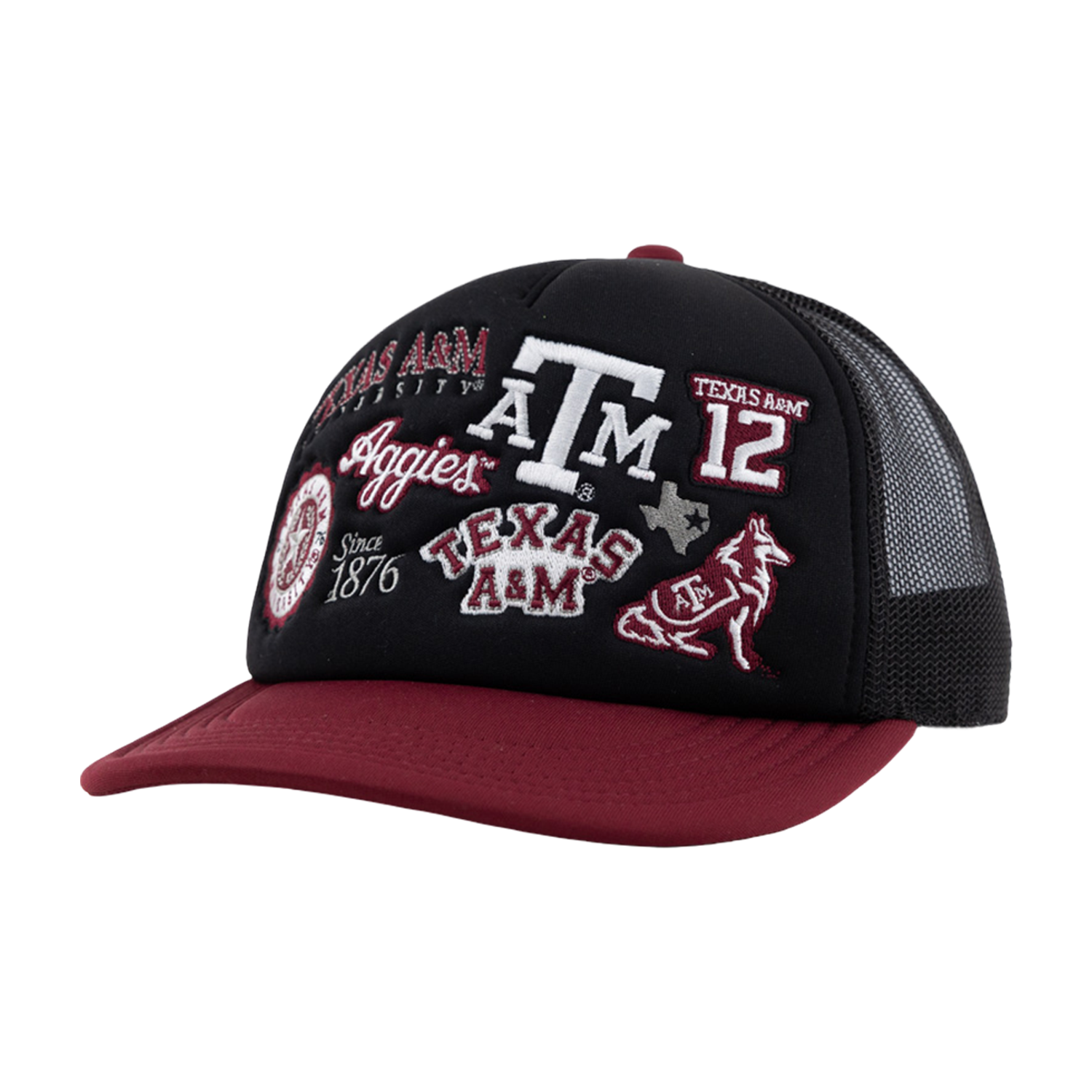Black and maroon trucker hat featuring multiple embroidered Texas A&M logos, “Aggies,” “Texas A&M,” 12th Man, and other school-themed graphics.