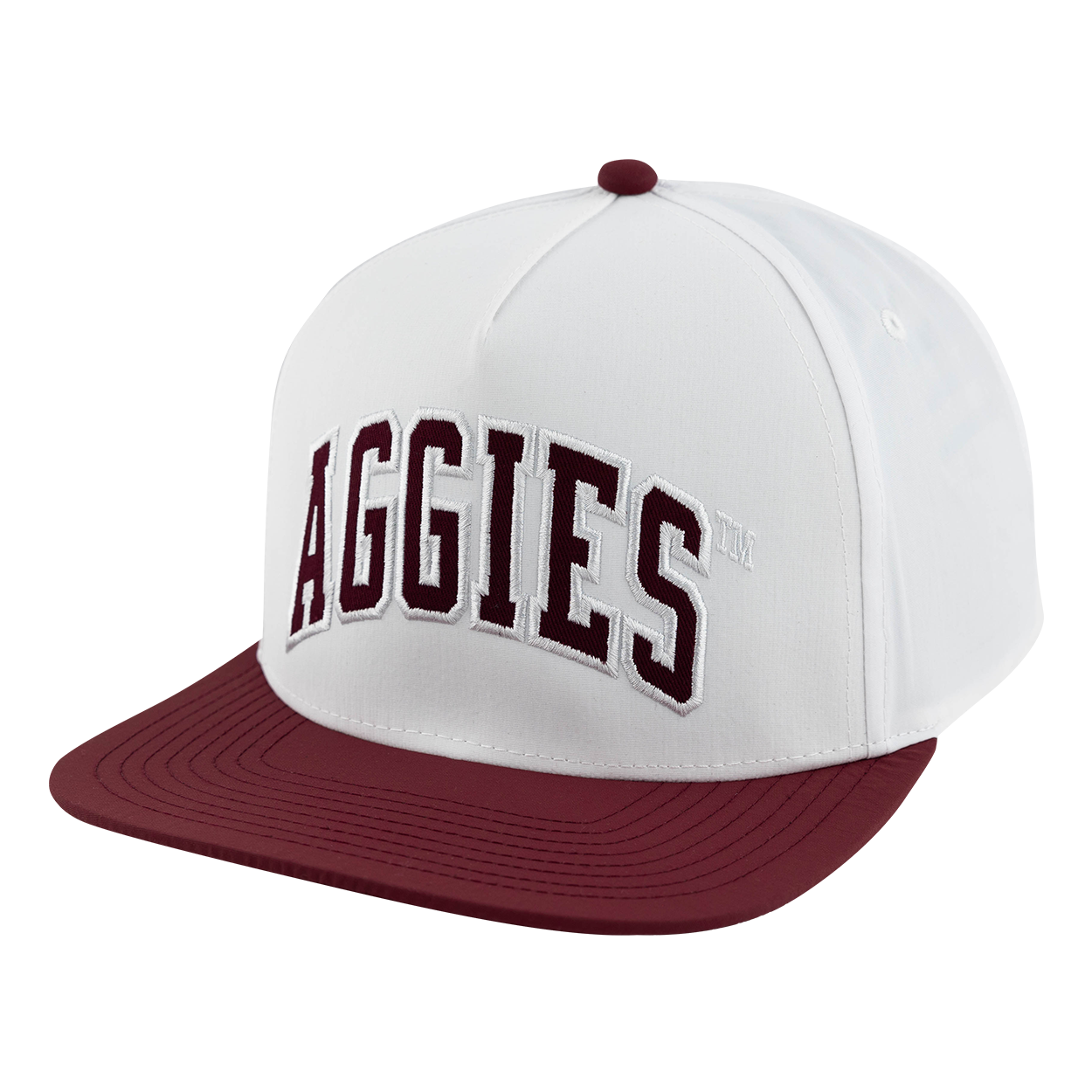 White hat with maroon flat brim and AGGIES in maroon