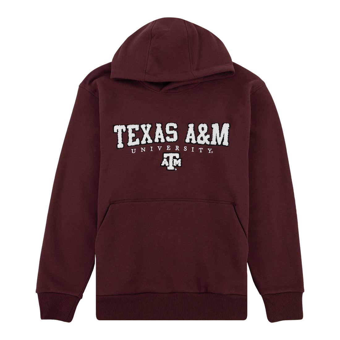 Maroon hoodie with "Texas A&M University" in white and outlined in black