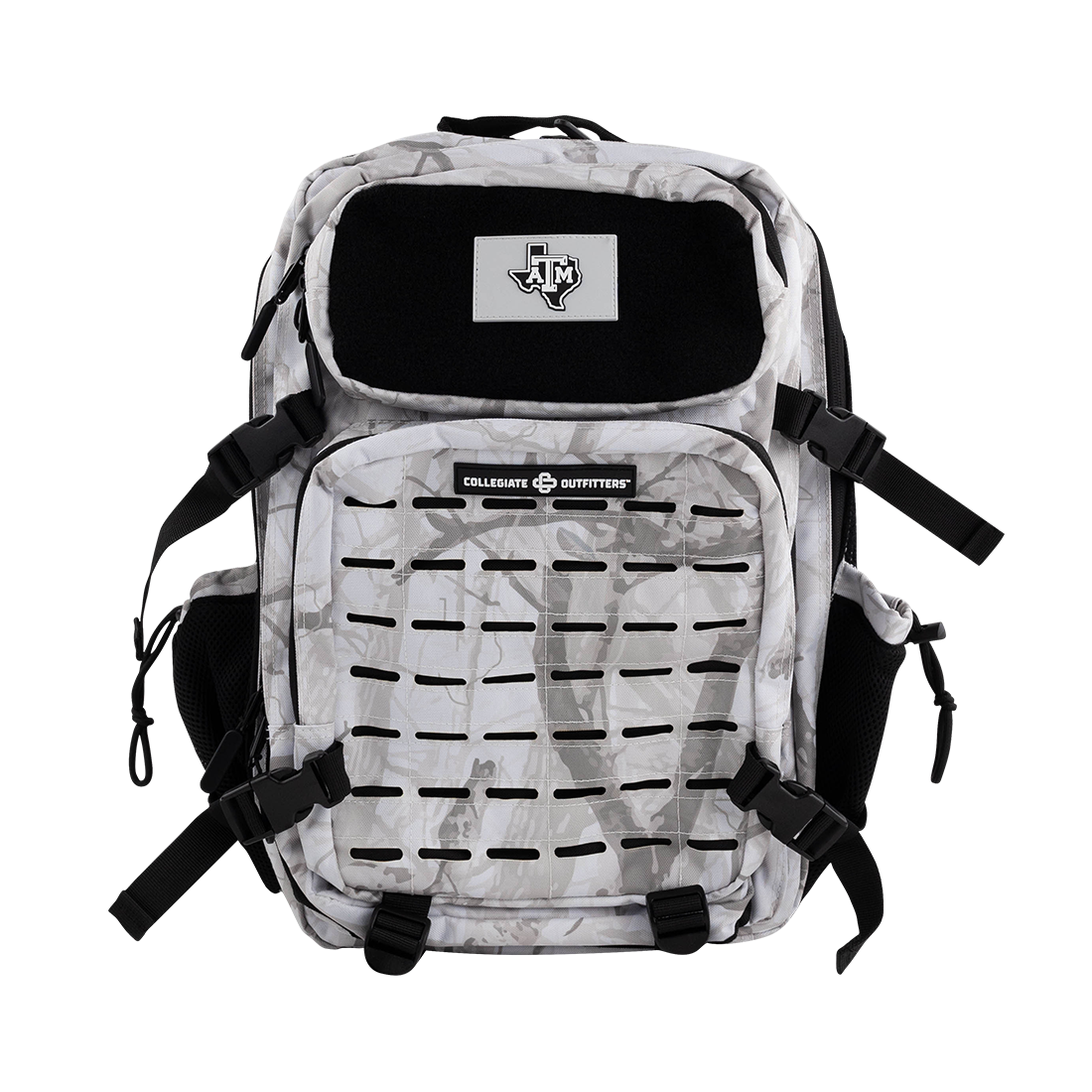 Gray camouflage backpack with black accents