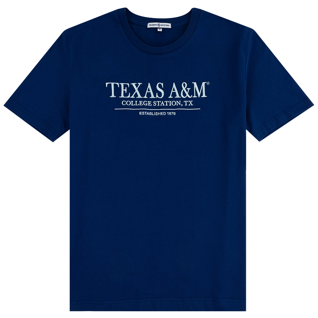 Blue T-Shirt with Texas A&M College Station, TX, Bar Text in White