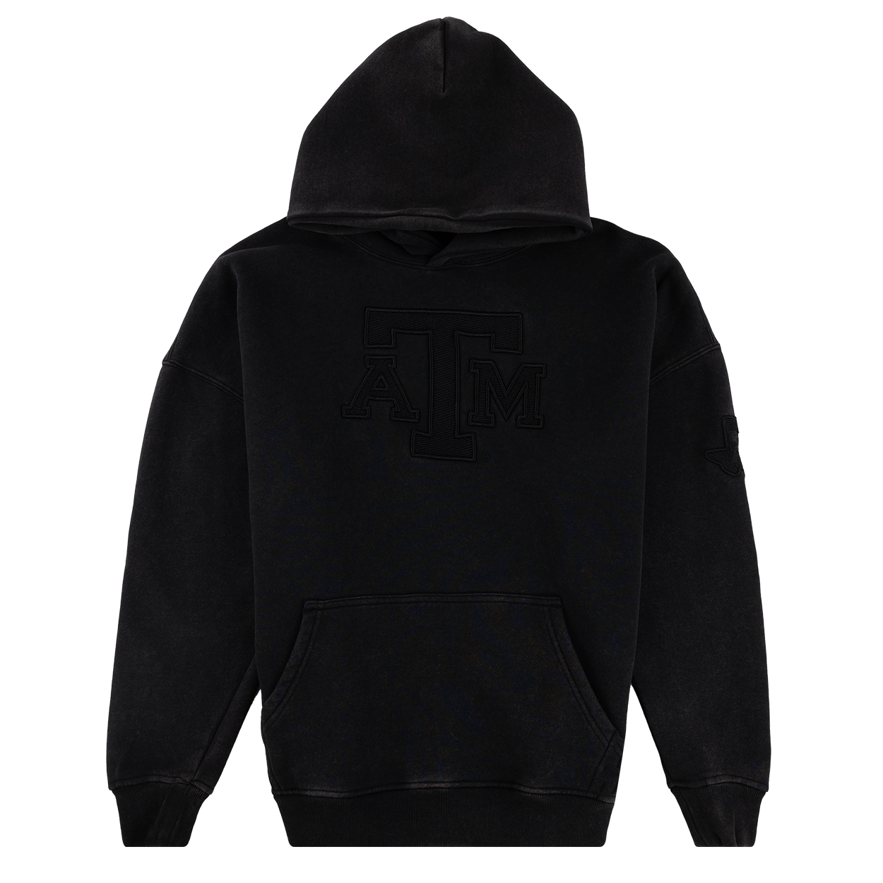 Black hoodie with black ATM logo and black Lonestar ATM logo on the sleeve