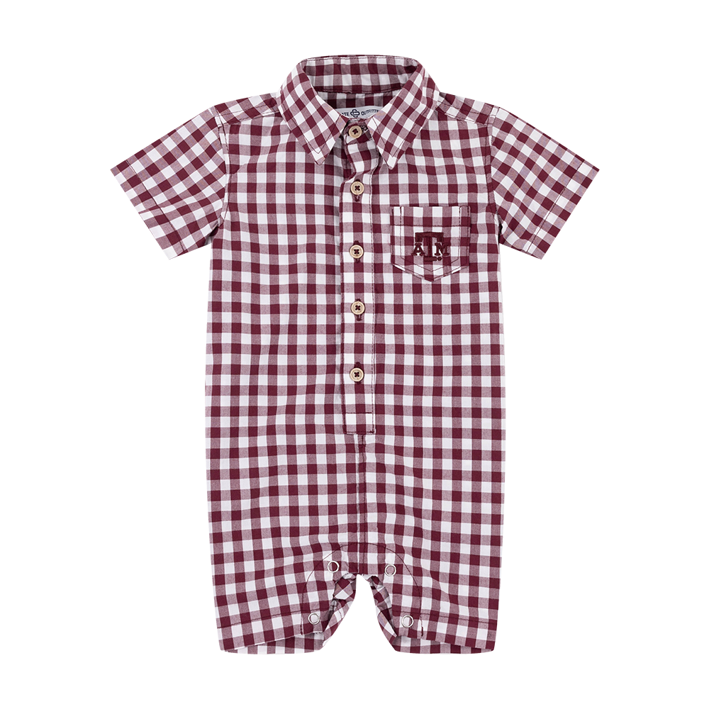 Maroon and White checkered romper with ATM logo on front pocket