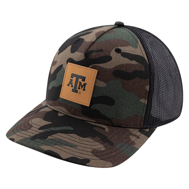 Camo cap with a brown patch embroidered onto the front of the hat with the Texas A&M logo.