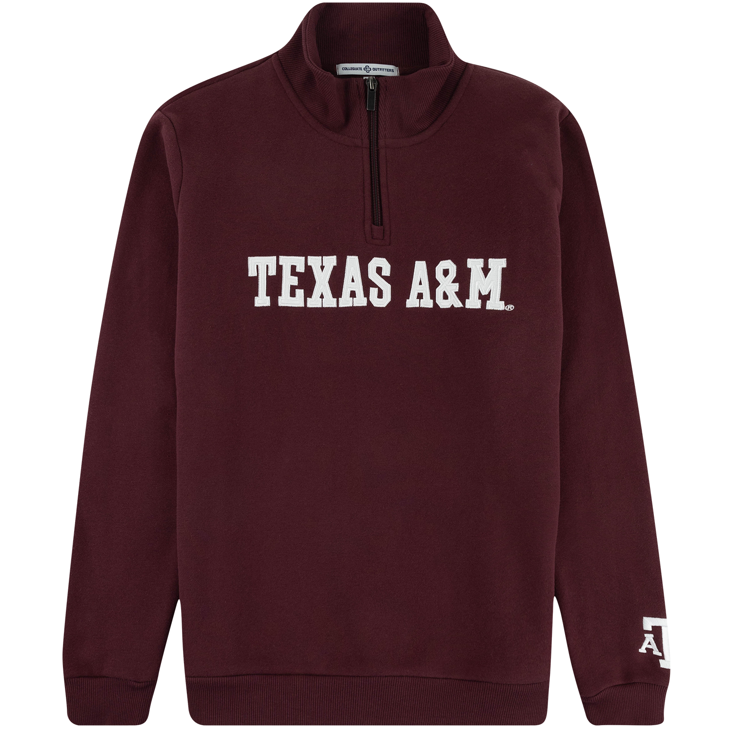 Collegiate Outfitters Texas A&M quarter-zip pullover in maroon featuring white embroidered TEXAS A&M lettering across the chest, a stand collar, and ribbed cuffs and hem.