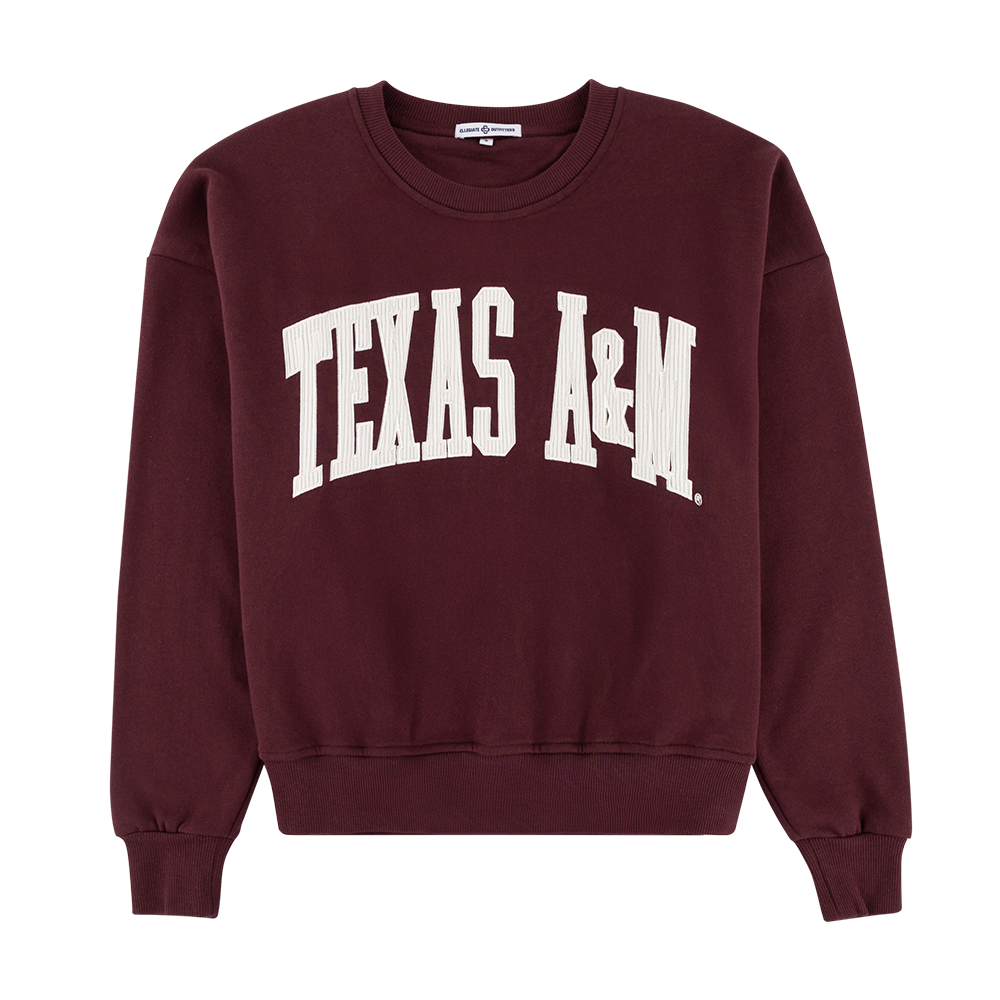 Maroon cropped sweatshirt with TEXAS A&M in white