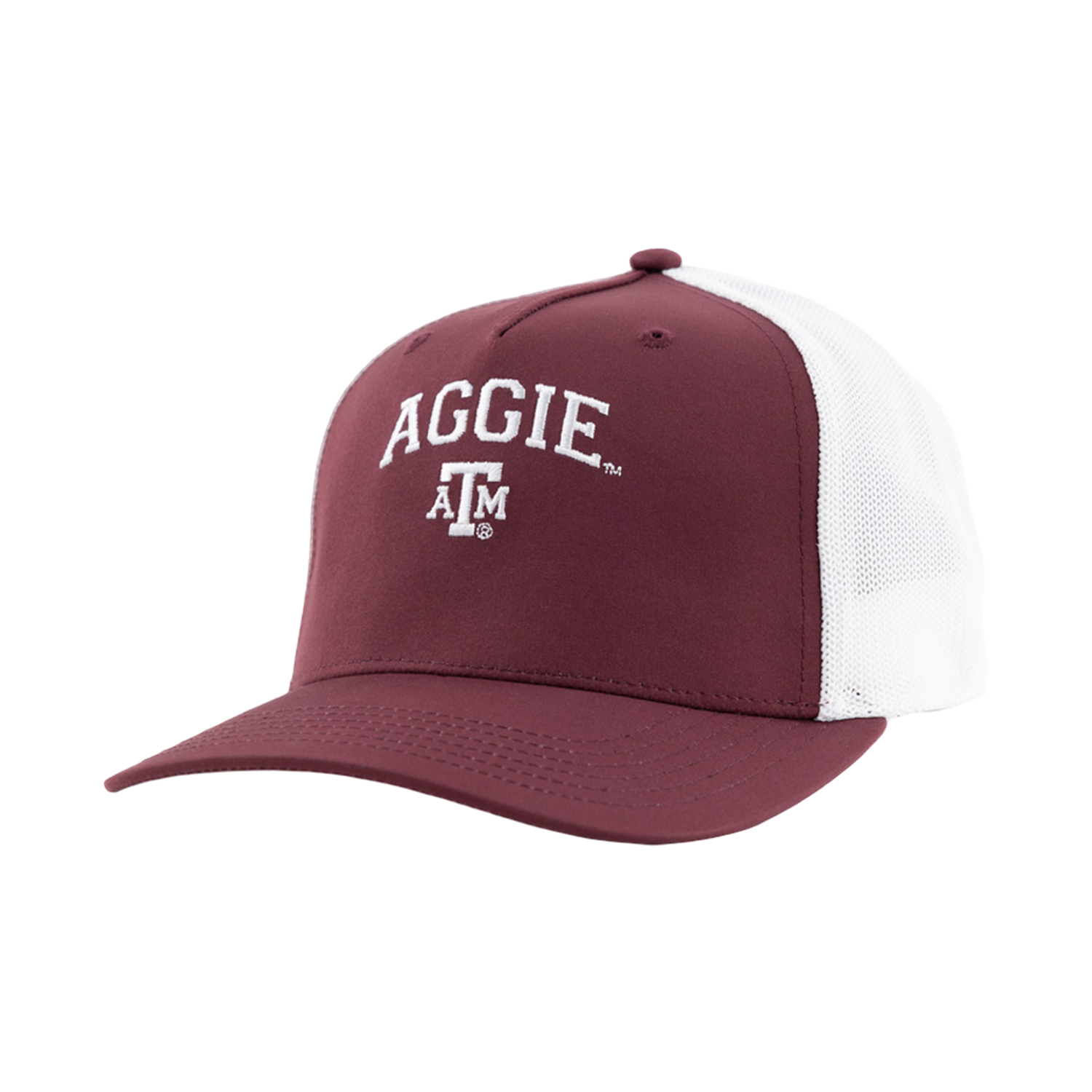 Maroon and white trucker hat with a white embroidered “Aggie” and Texas A&M logo on the front.