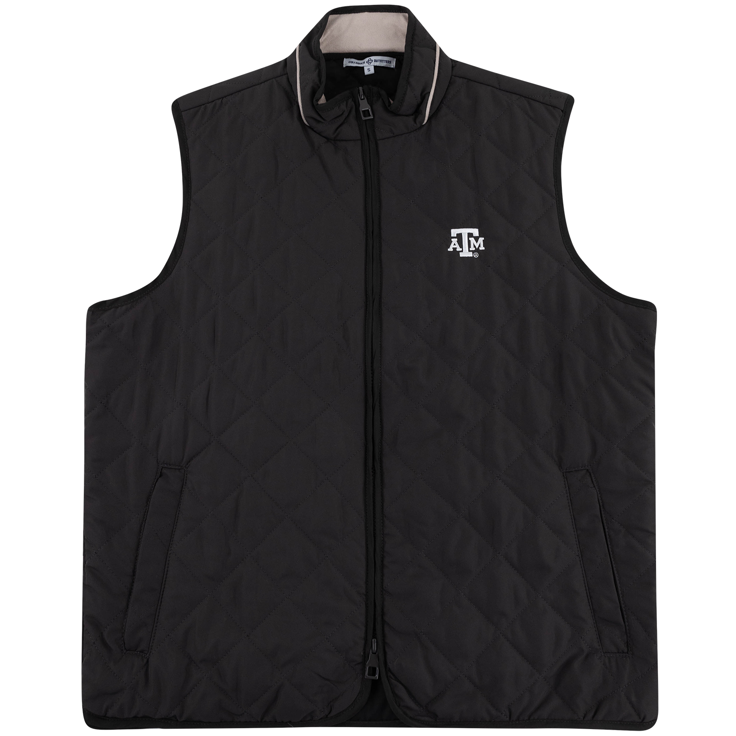 Black Texas A&M quilted vest featuring a full-zip front, stand-up collar with light contrast piping, two front pockets, and a white ATM logo on the chest.