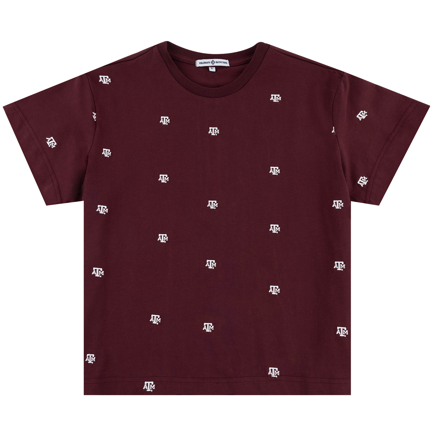 Maroon Collegiate Outfitters Texas A&M T-shirt featuring an allover pattern of small white ATM logos and a classic crew neckline.
