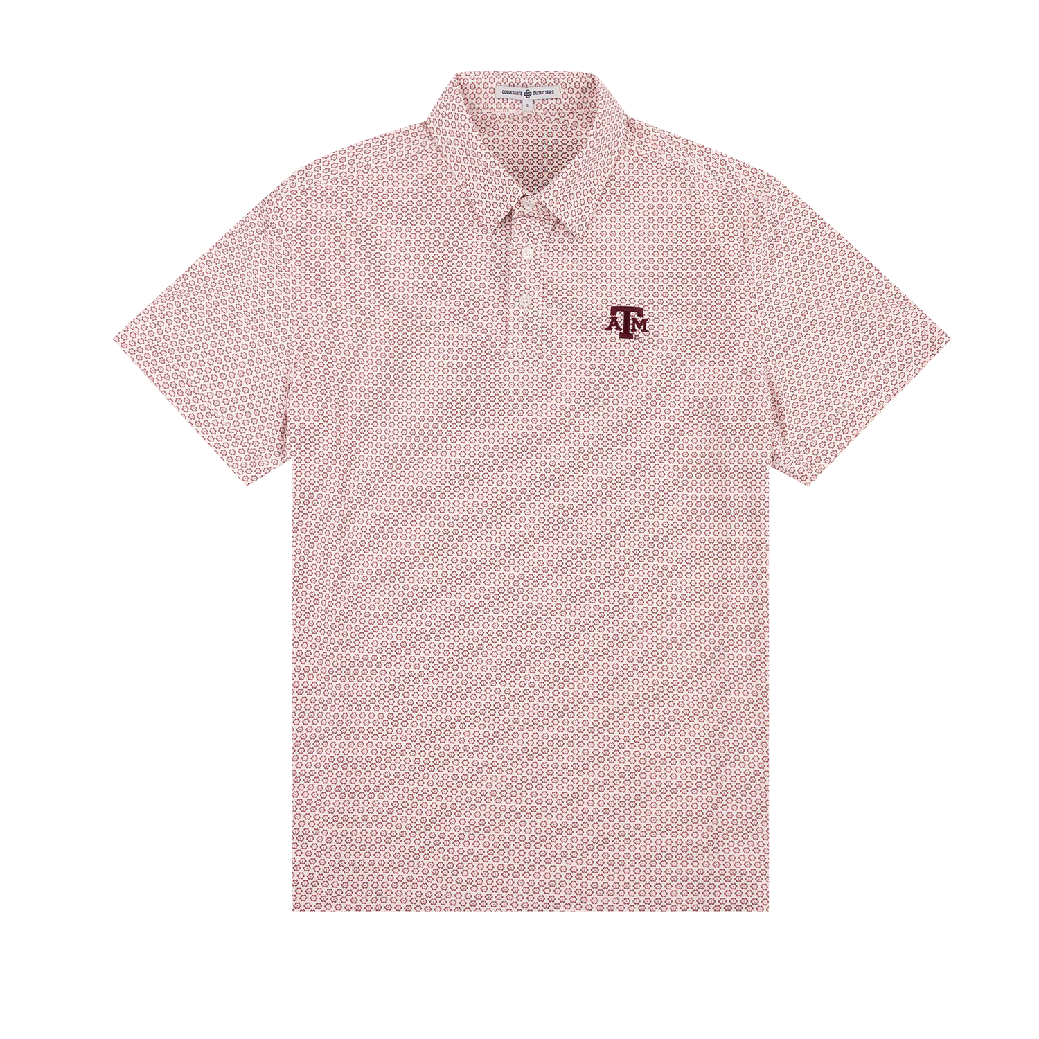 White polo with maroon floral pattern and maroon ATM logo