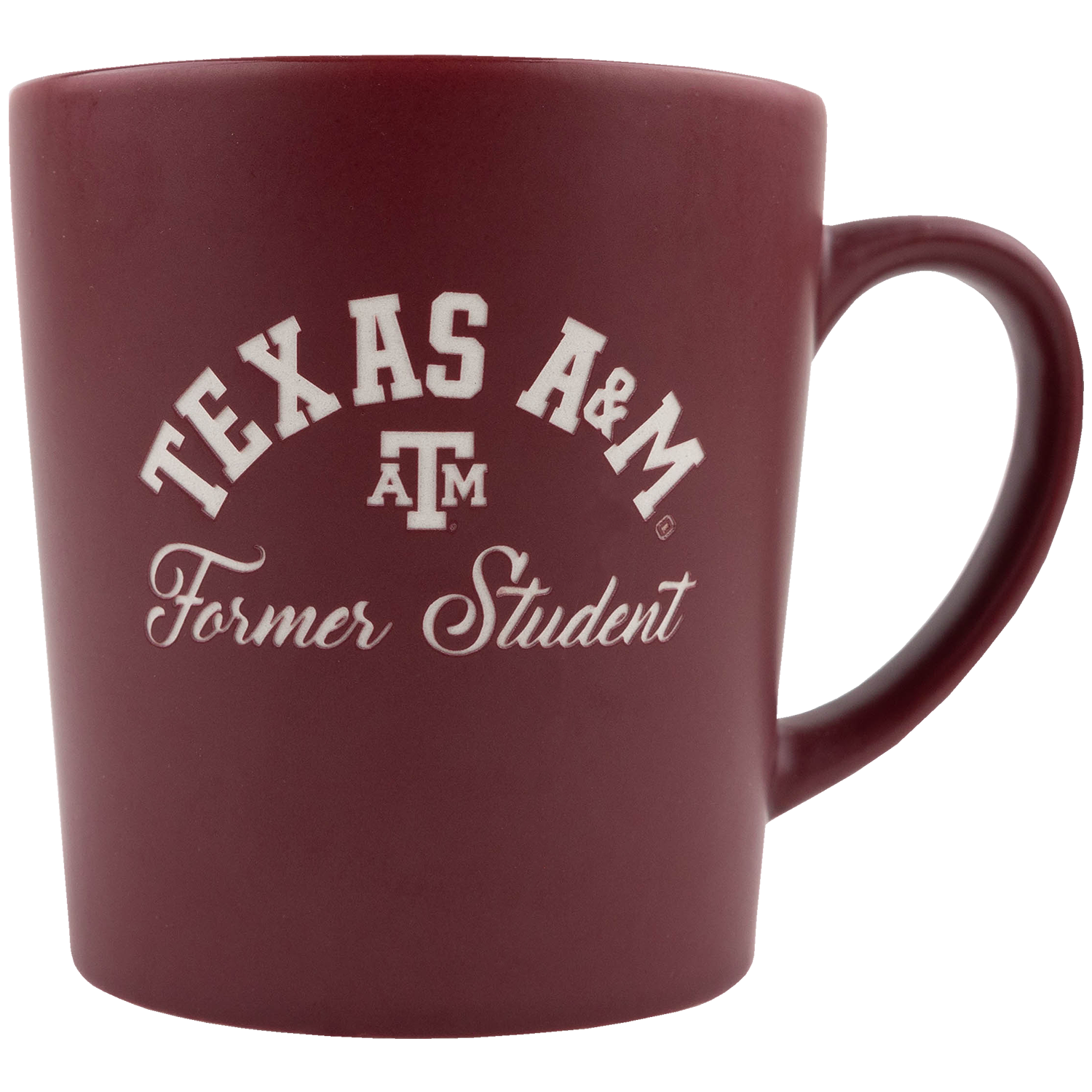 Maroon Texas A&M “Former Student” ceramic mug with white lettering and an Aggie logo.