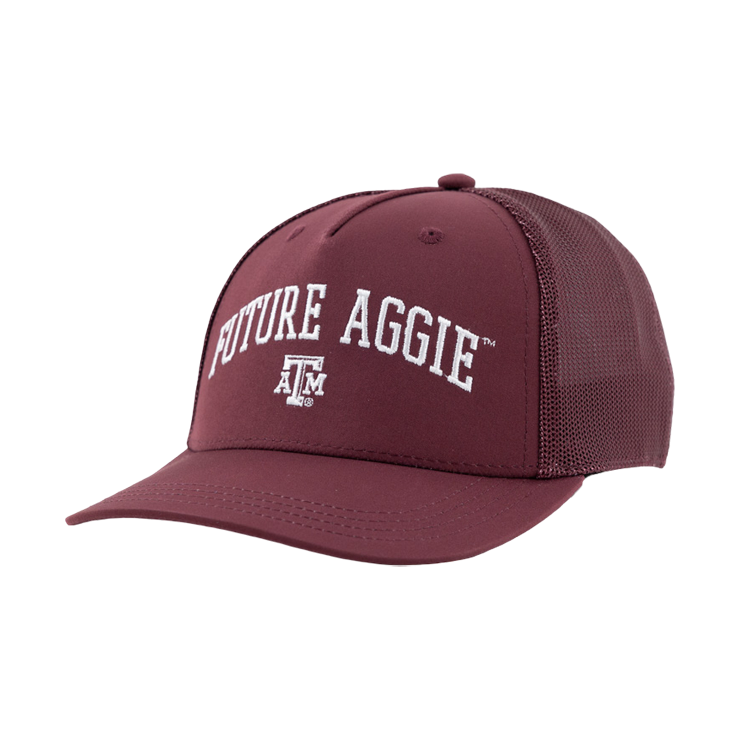 Maroon trucker hat with white embroidered “Future Aggie” lettering and Texas A&M logo on the front.